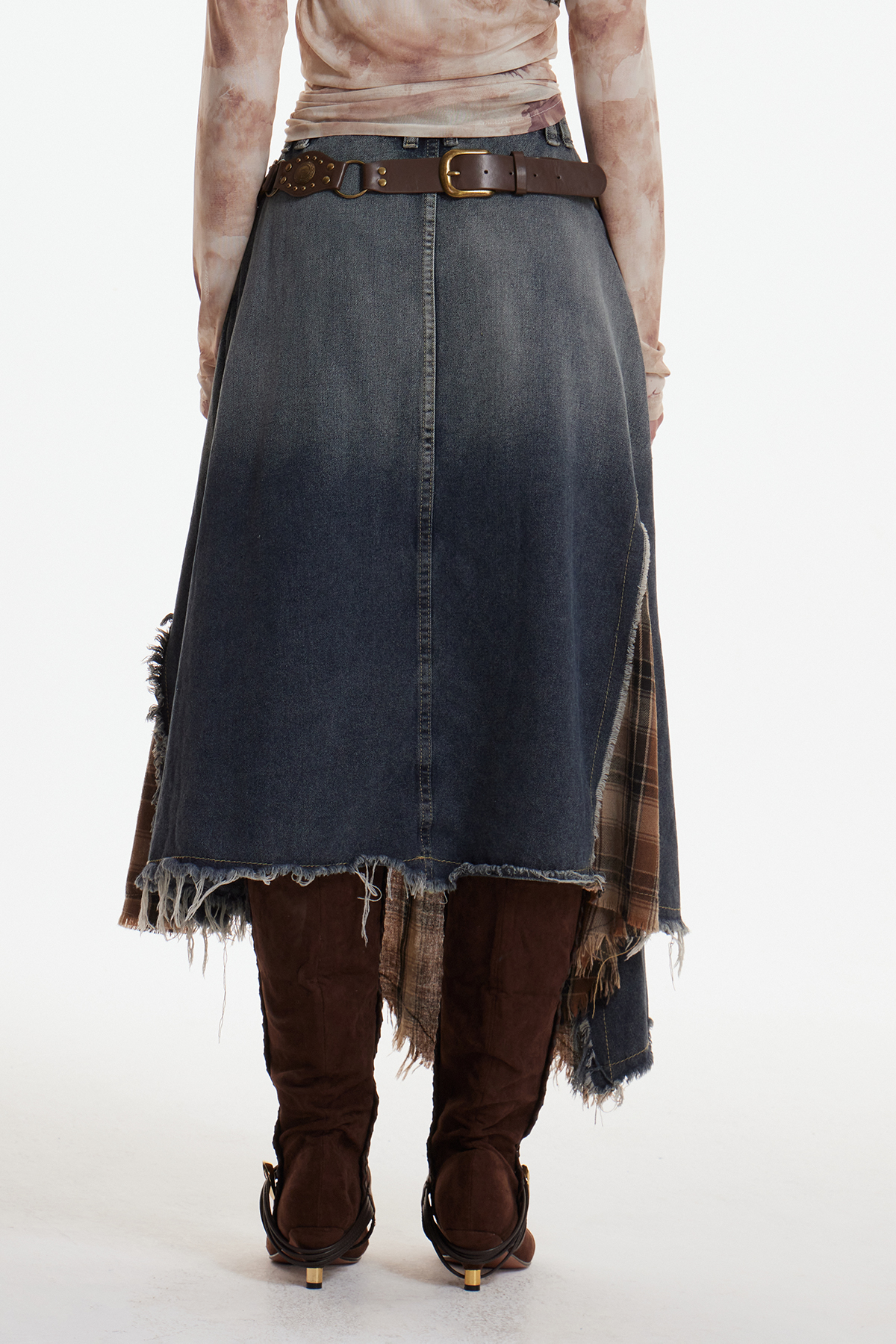 Enitan Asymmetric Fringe Grid Maxi Skirt