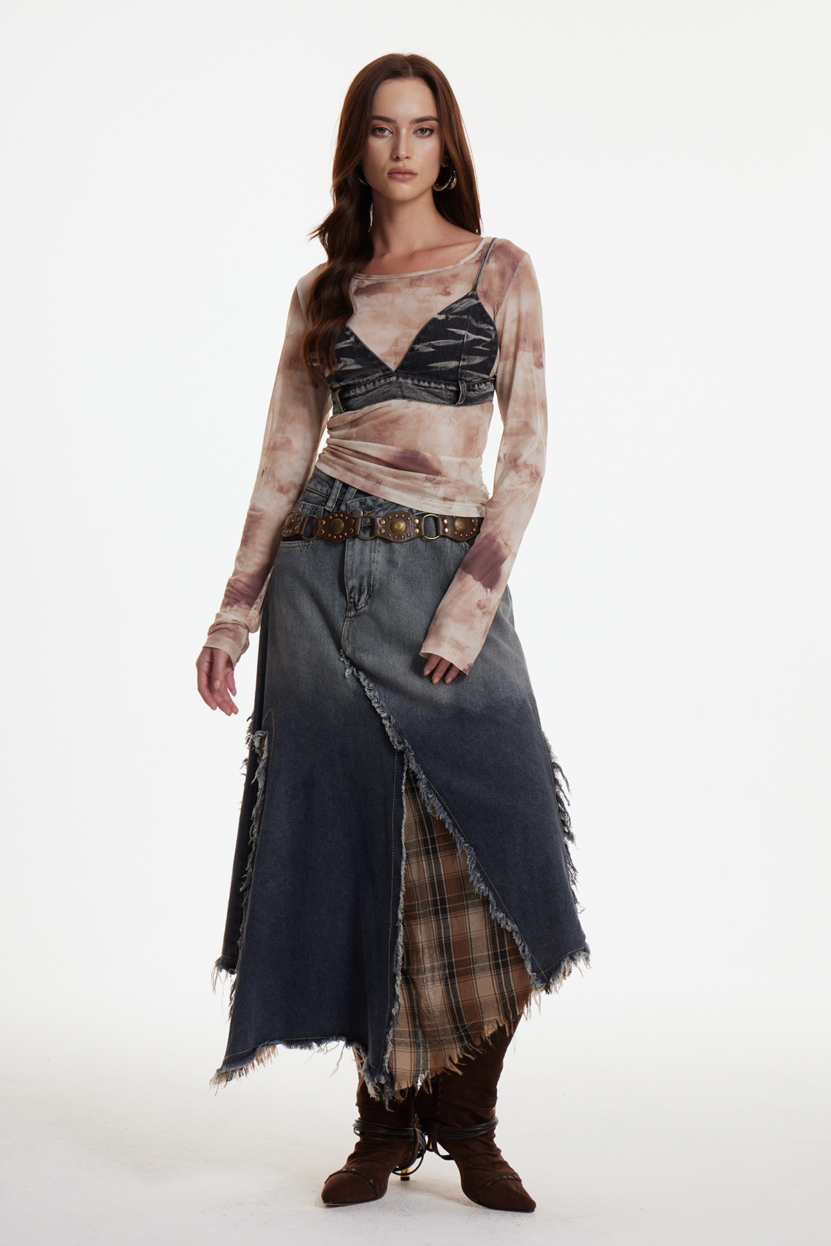 Enitan Asymmetric Fringe Grid Maxi Skirt