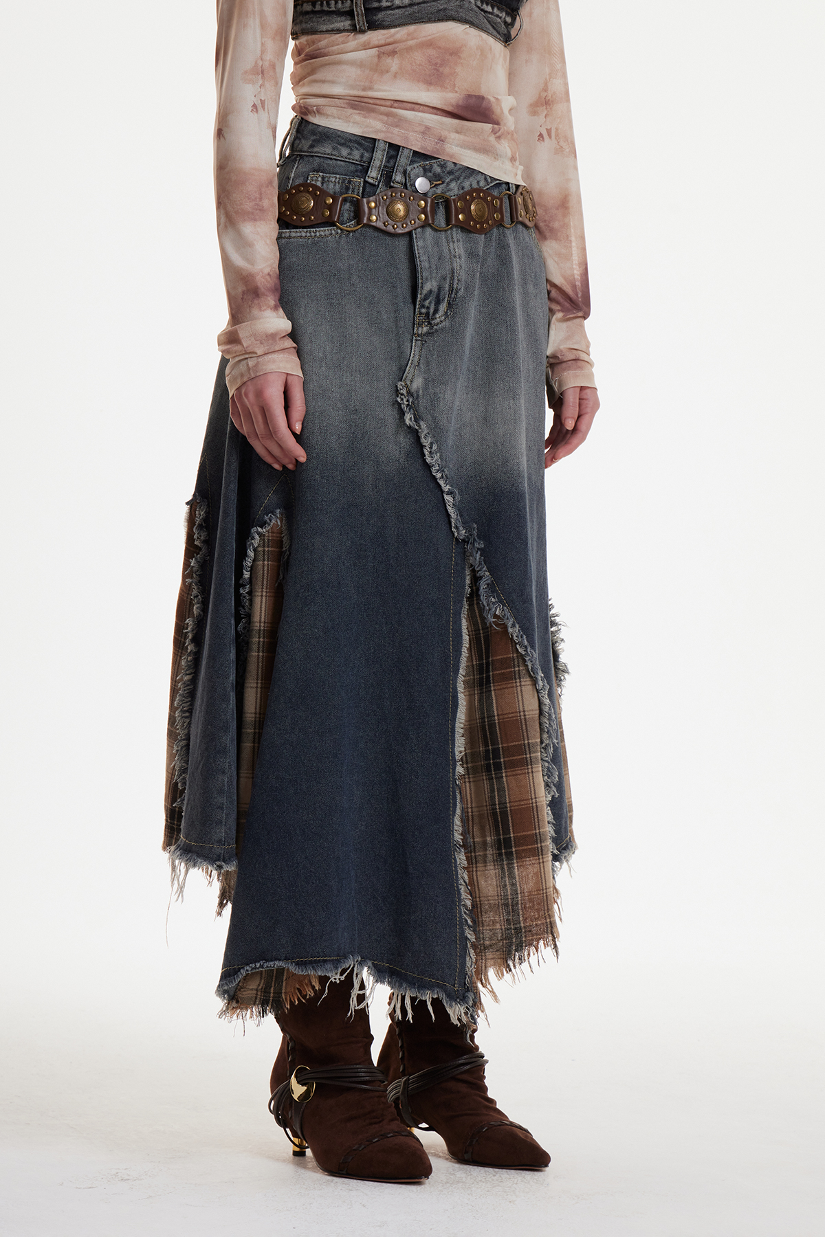 Enitan Asymmetric Fringe Grid Maxi Skirt