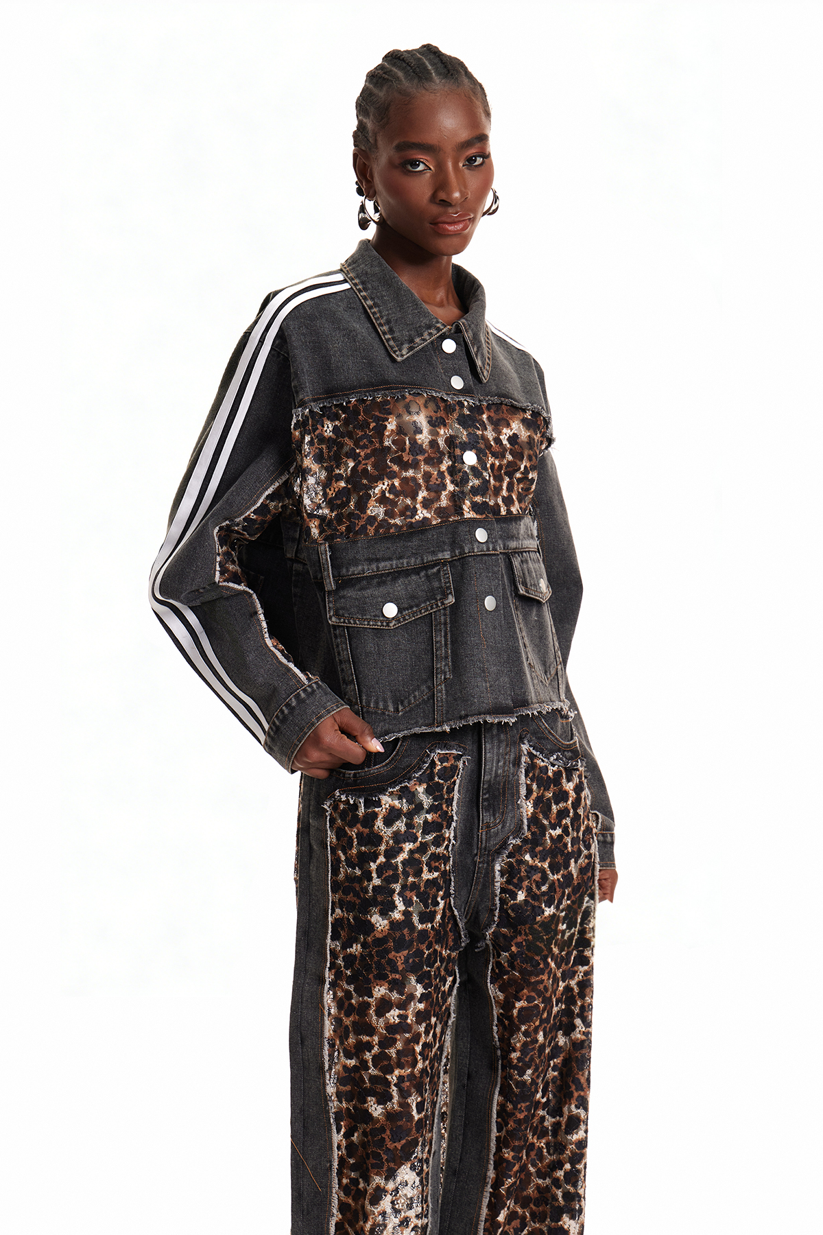 Enki Leopard Lace Stripe Denim Jacket