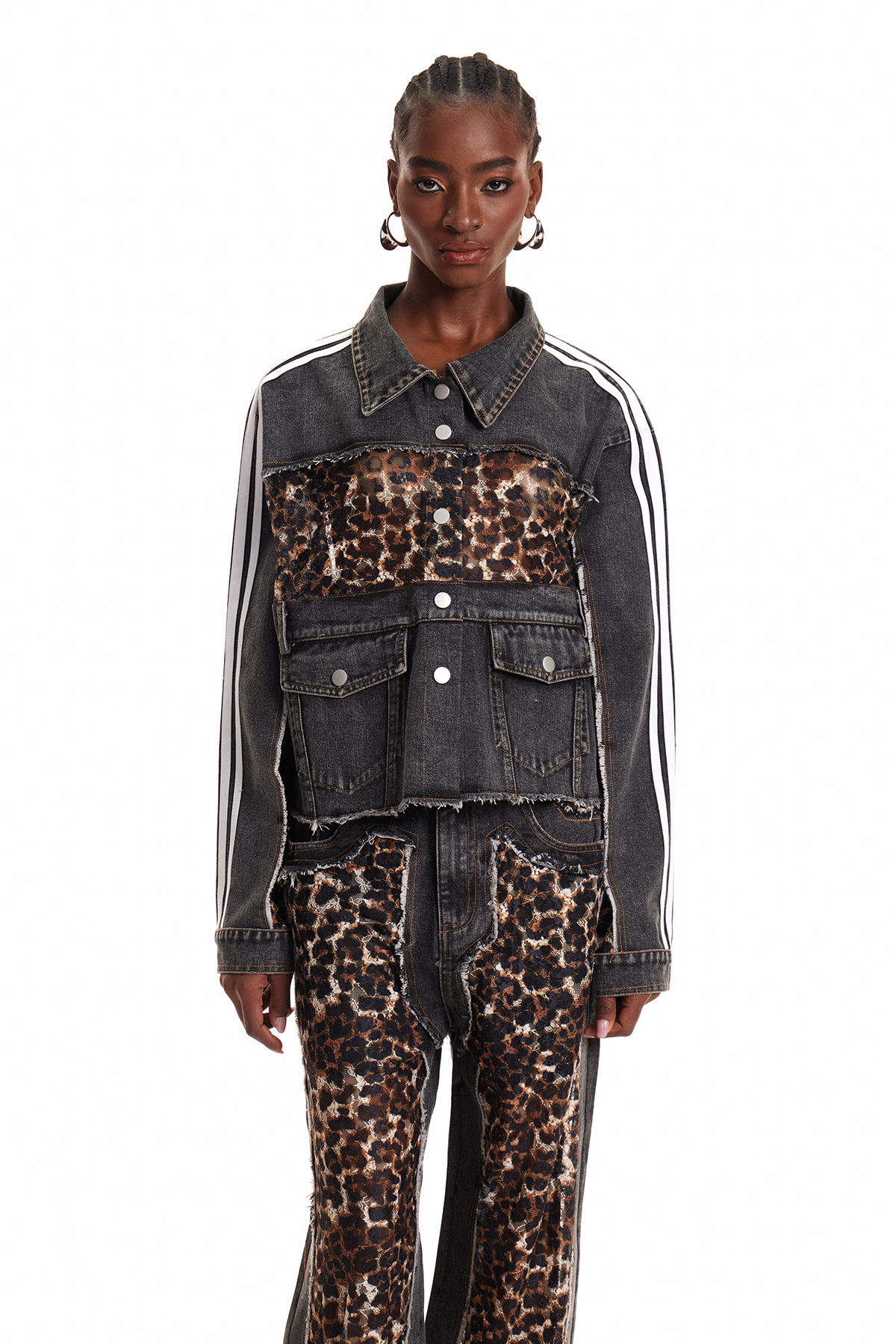 Enki Leopard Lace Stripe Denim Jacket