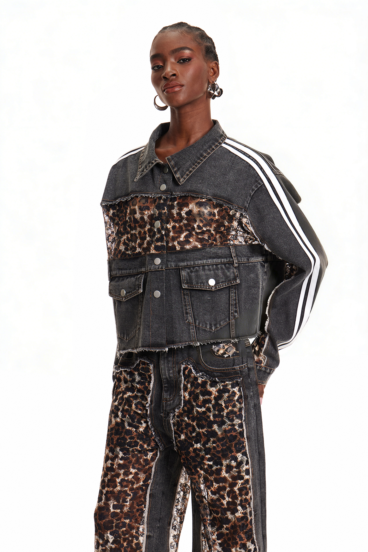 Enki Leopard Lace Stripe Denim Jacket