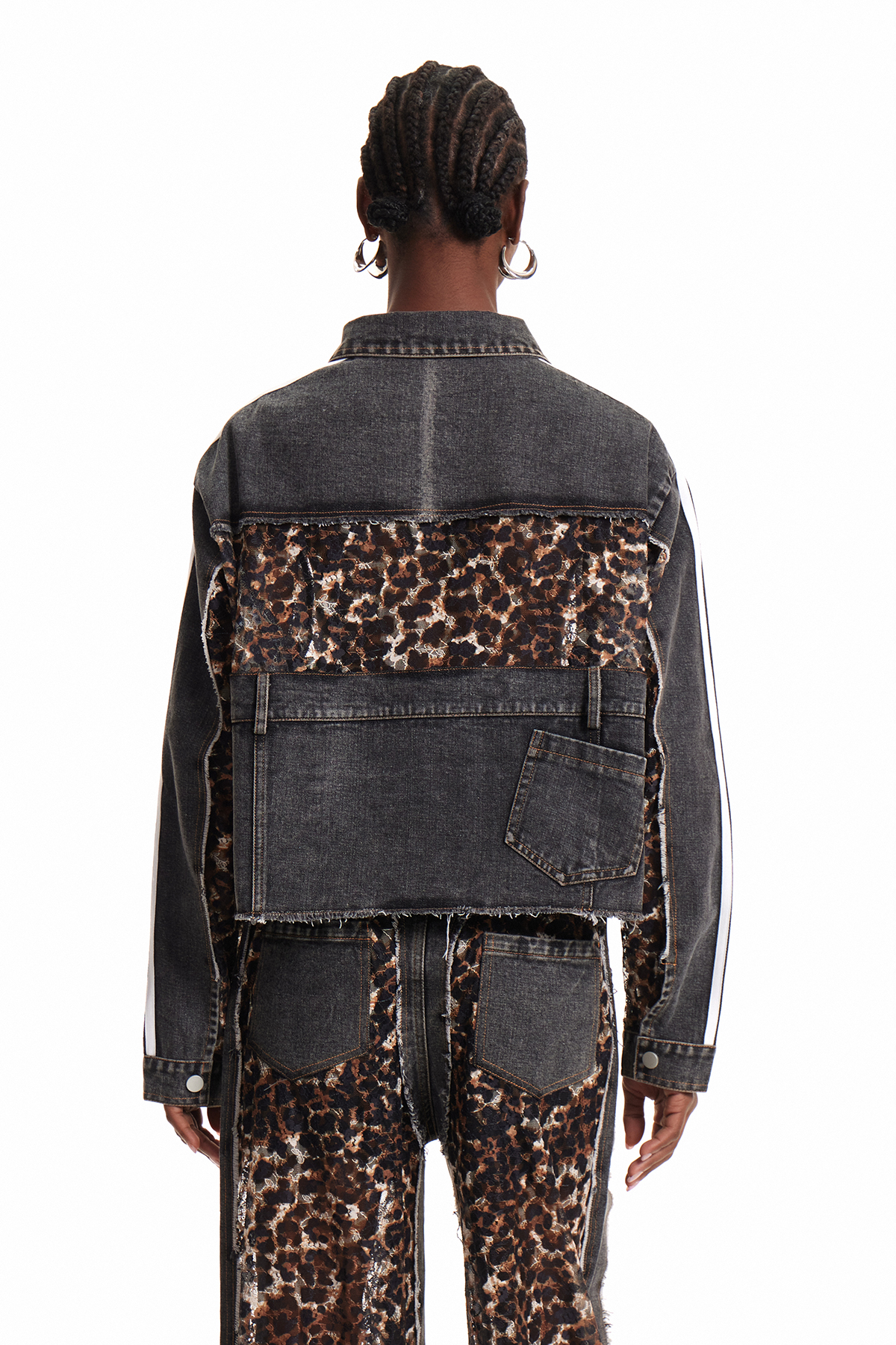 Enki Leopard Lace Stripe Denim Jacket