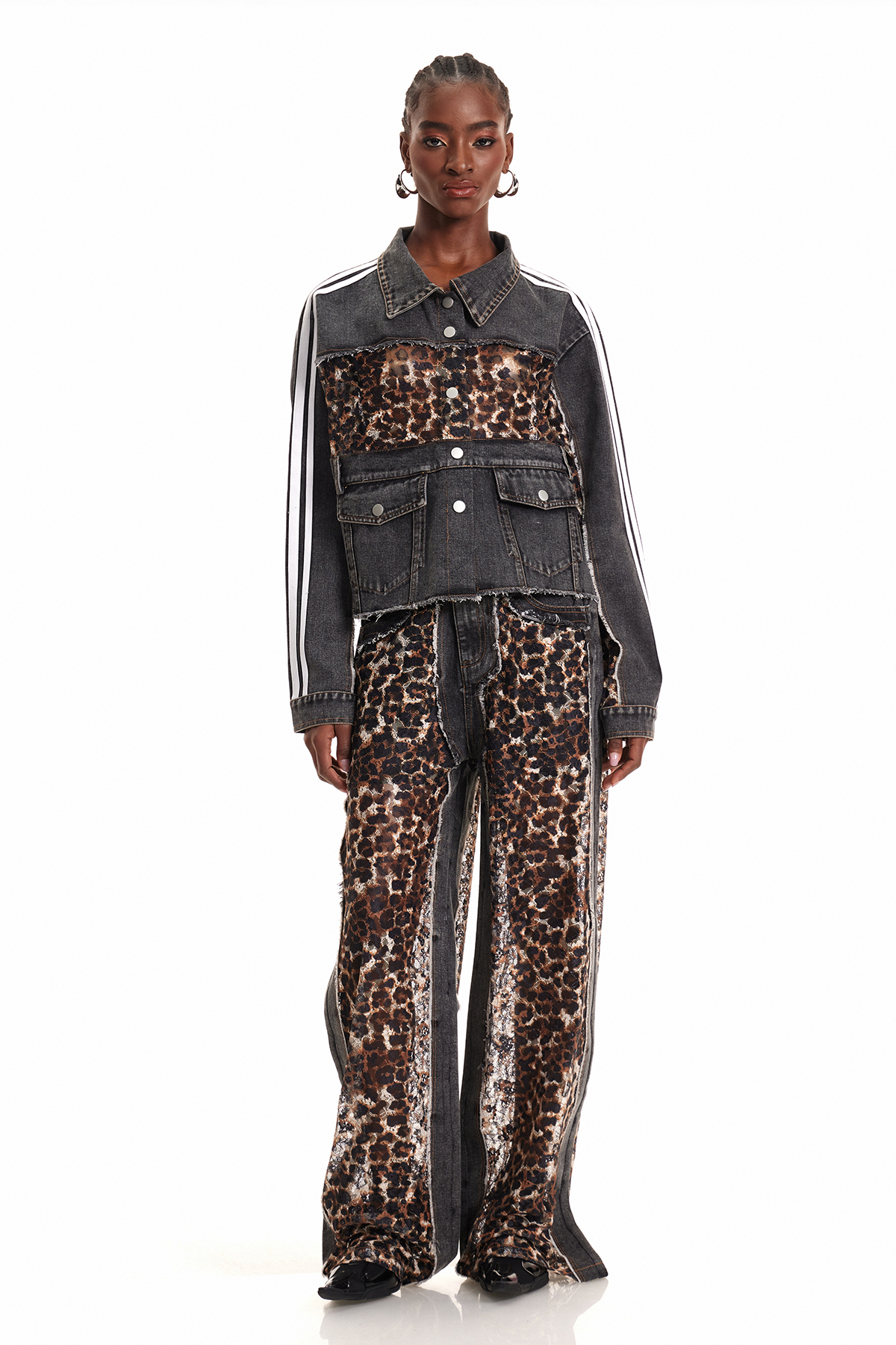 Enki Leopard Lace Stripe Denim Jacket
