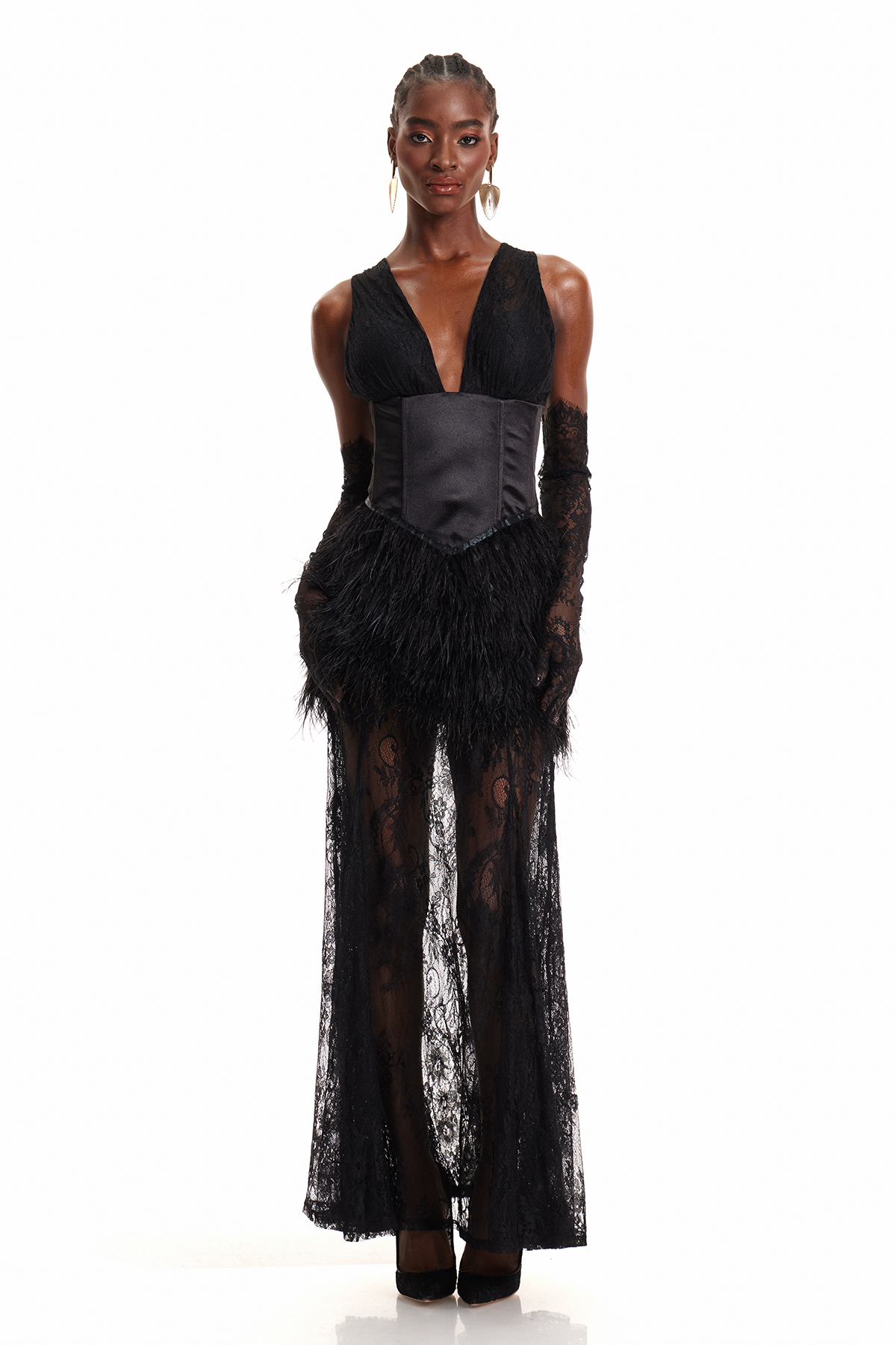 Enoque Plunge Feather Lace Maxi Dress