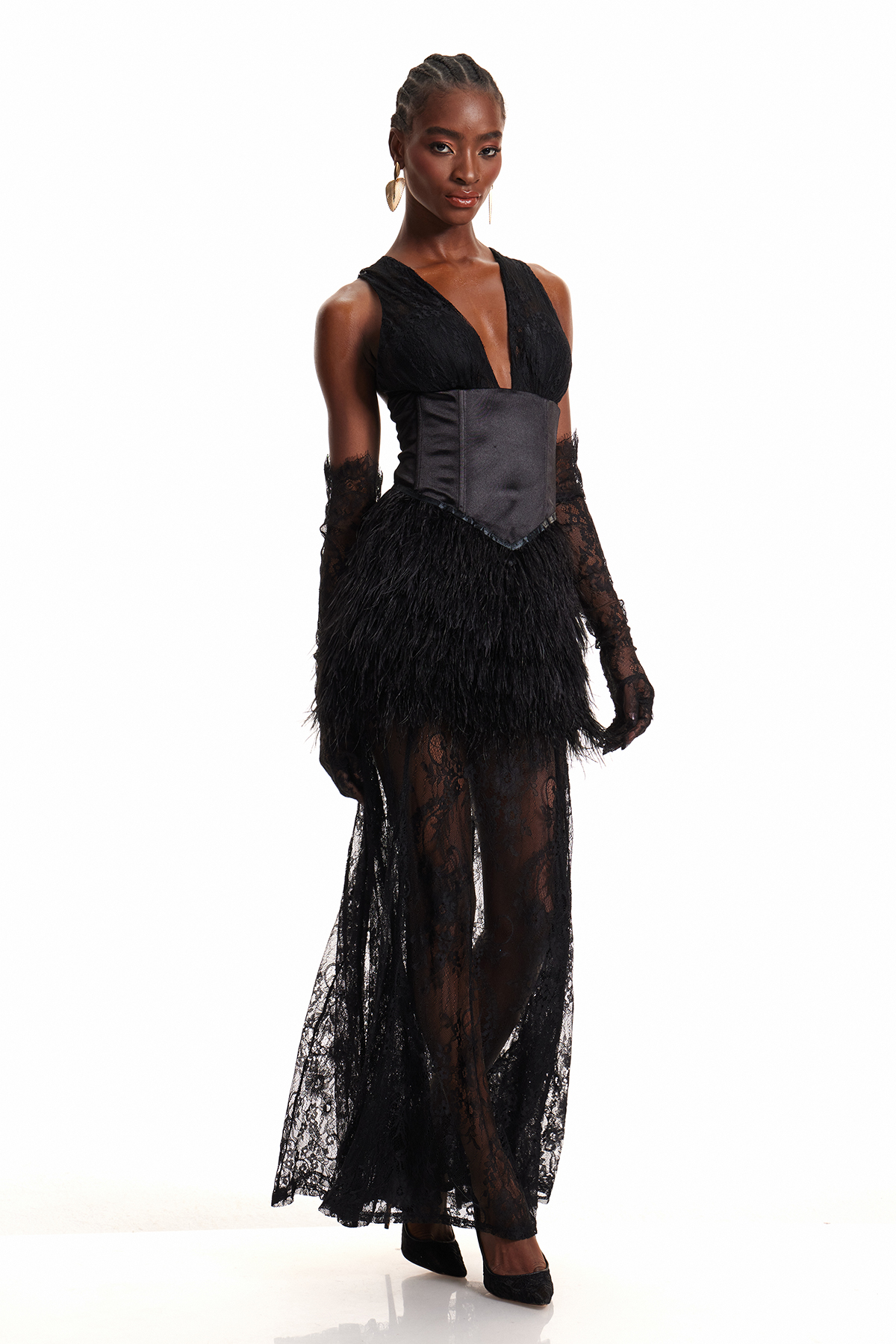 Enoque Plunge Feather Lace Maxi Dress