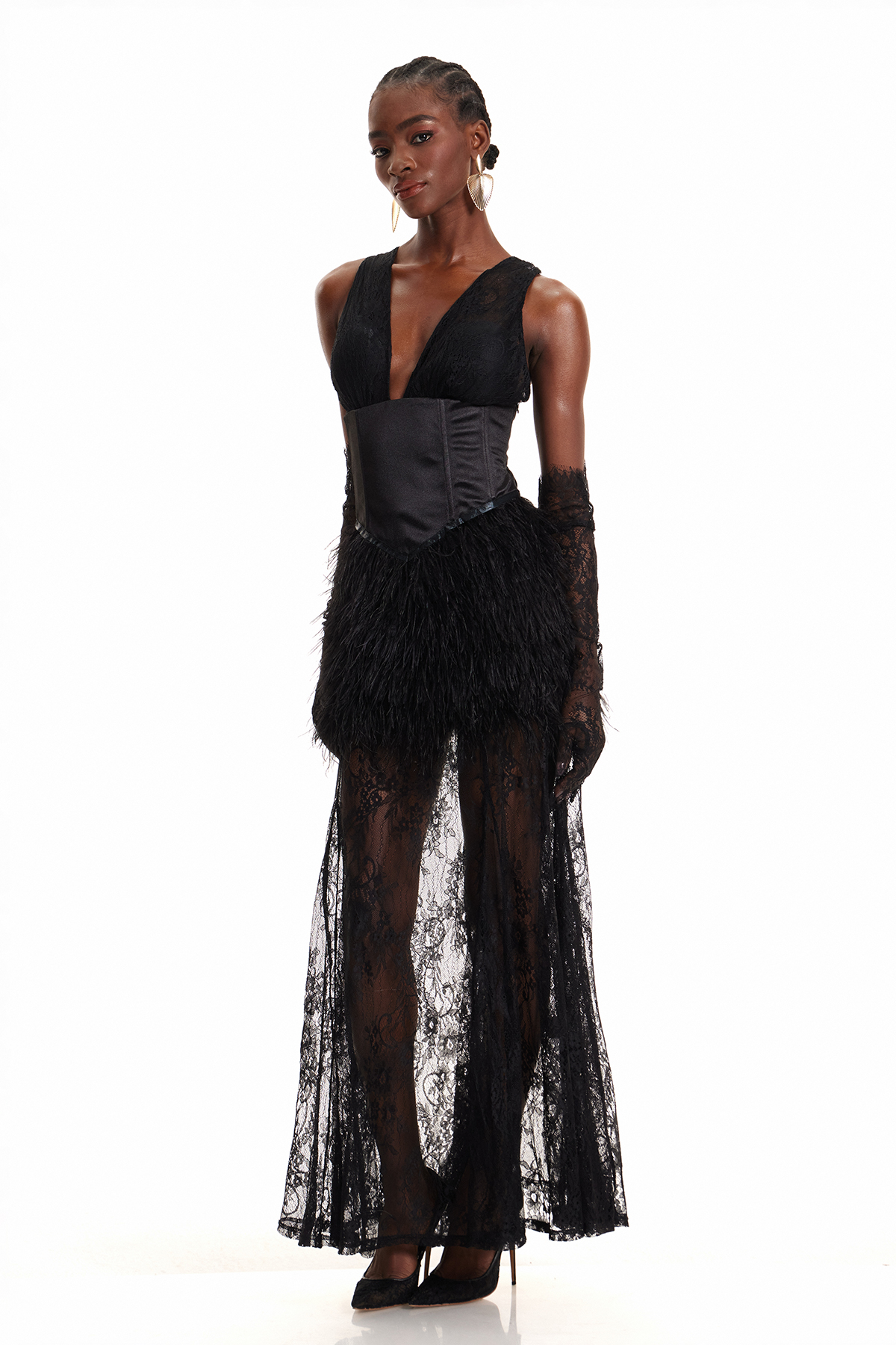 Enoque Plunge Feather Lace Maxi Dress