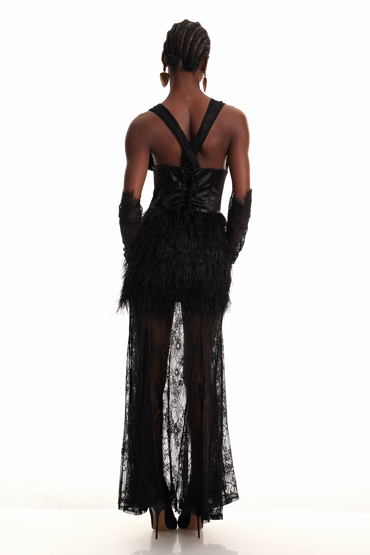 Enoque Plunge Feather Lace Maxi Dress