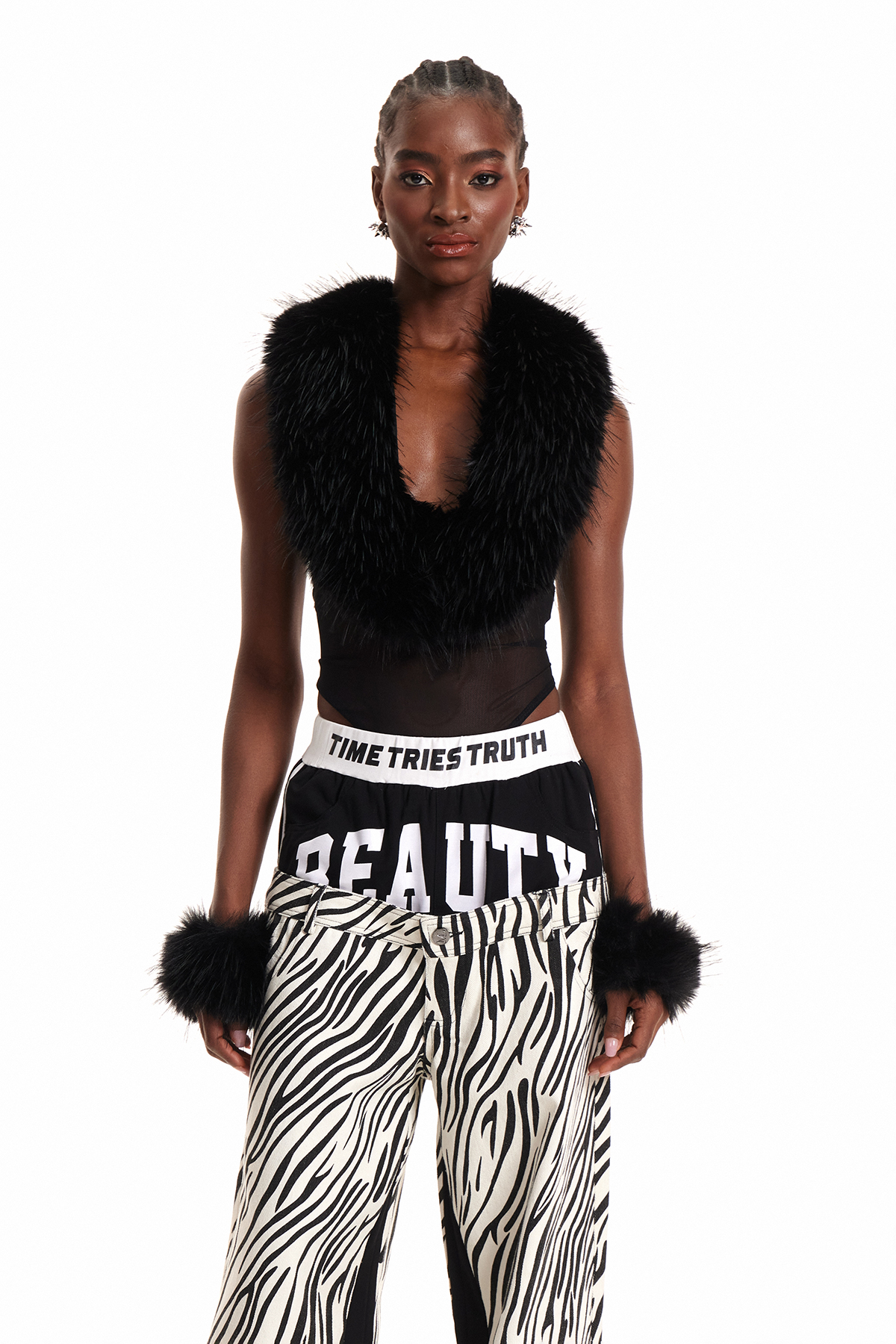 Enora Faux Fur Plunge Mesh Bodysuit