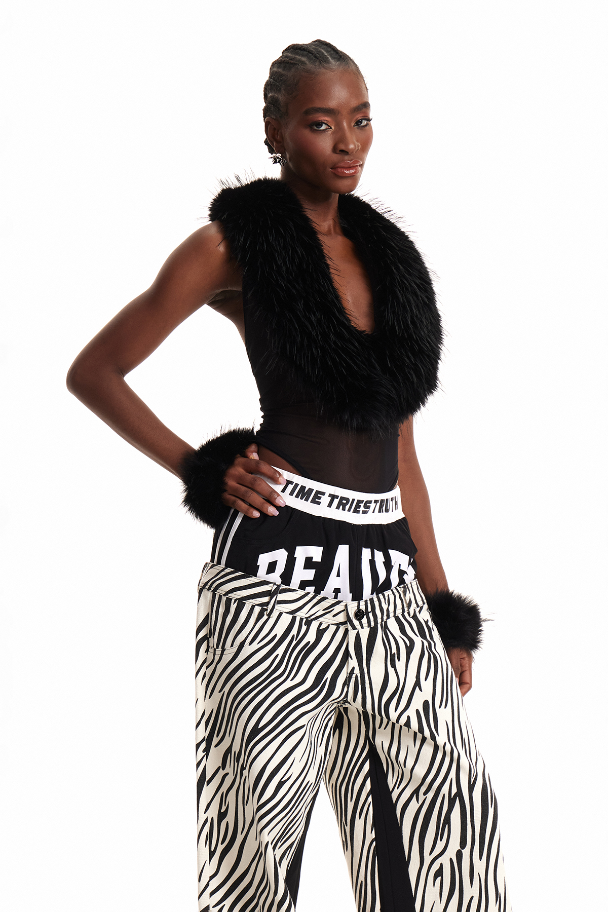 Enora Faux Fur Plunge Mesh Bodysuit