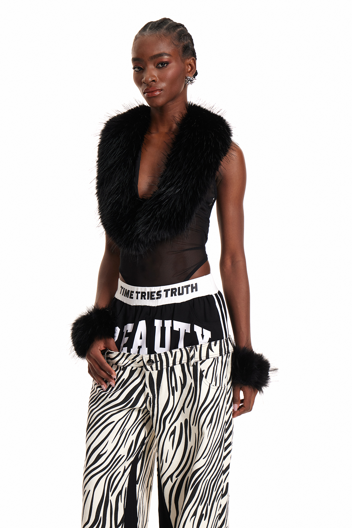 Enora Faux Fur Plunge Mesh Bodysuit