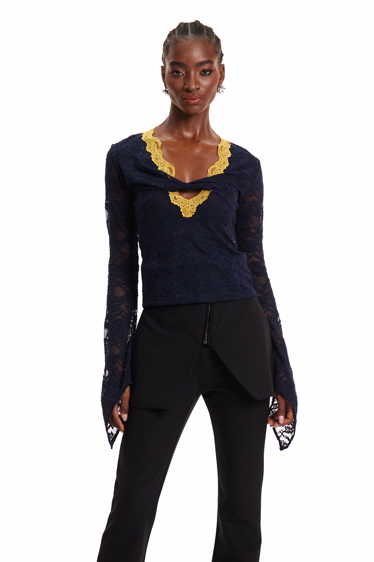 Enrichetta Plunge Lace Twist Top