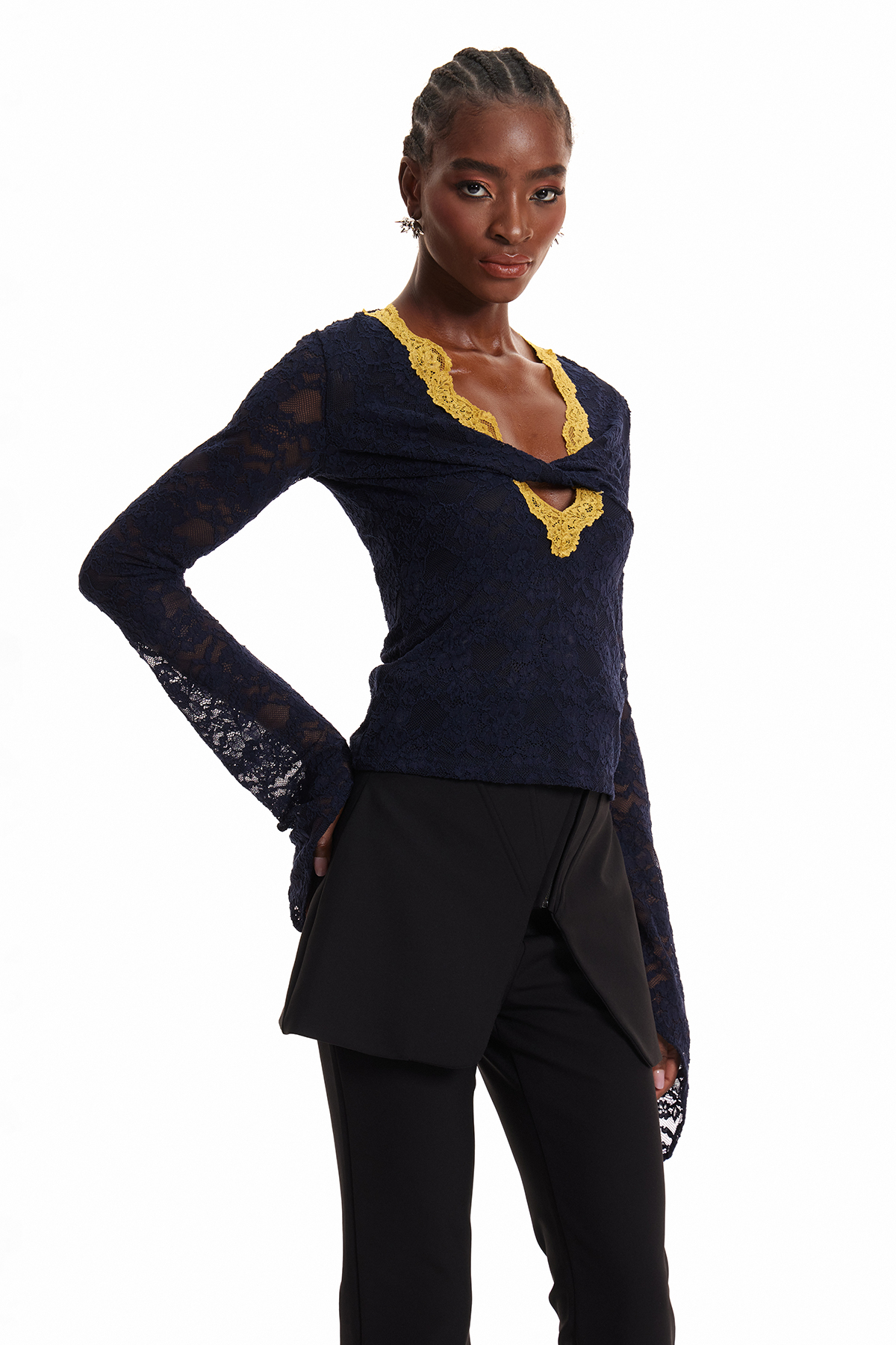 Enrichetta Plunge Lace Twist Top