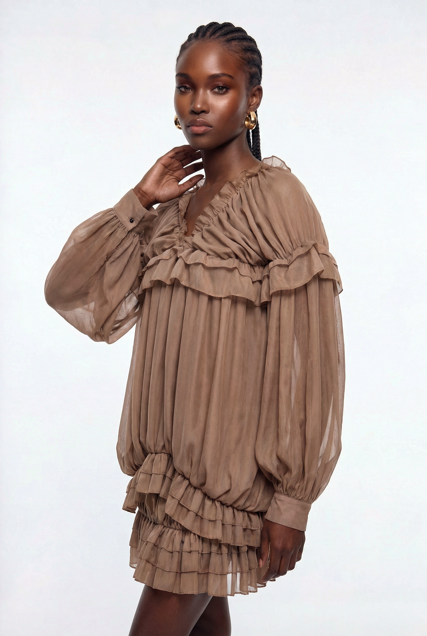 Epiktesis Balloon Sleeve Ruffle Mini Dress