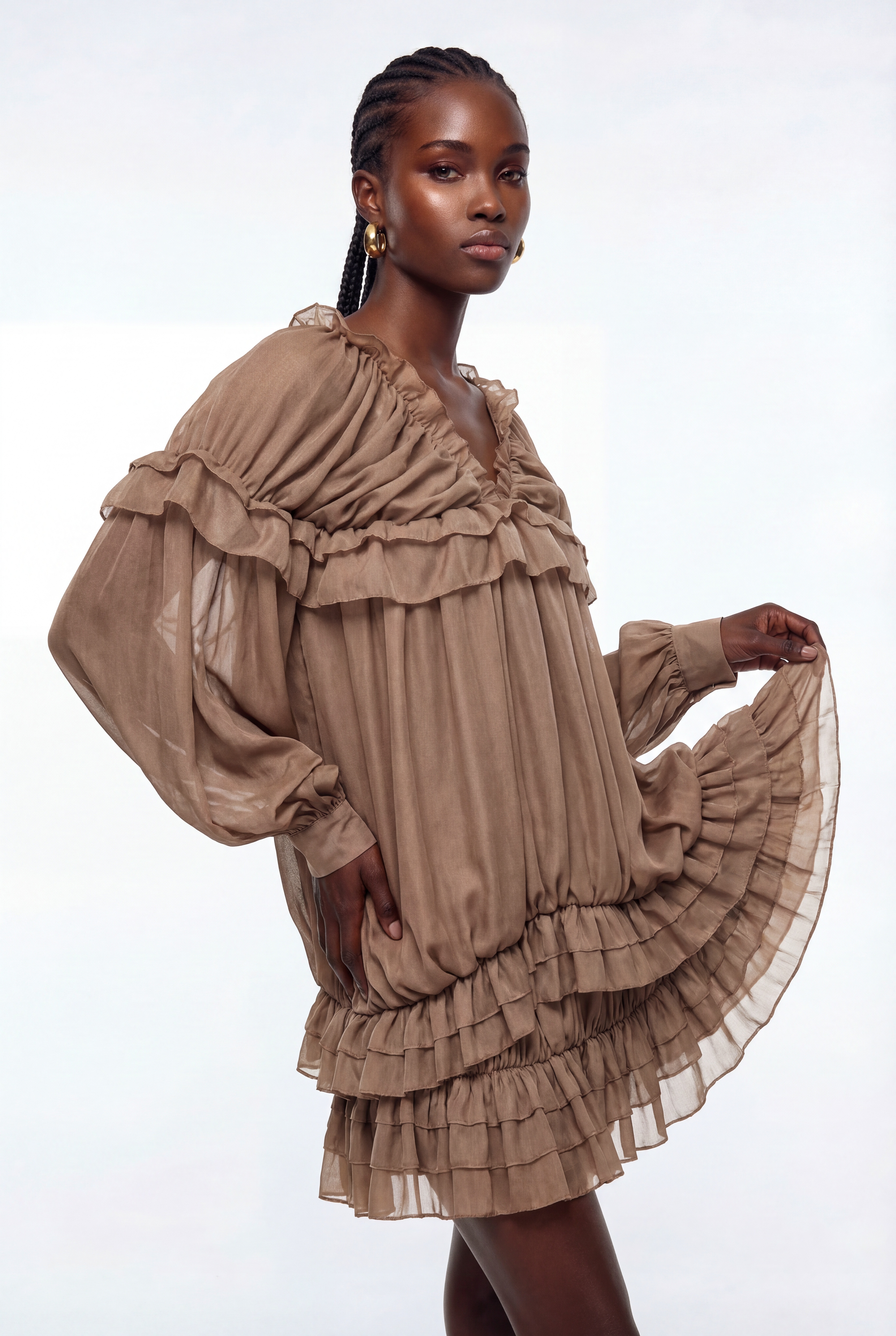 Epiktesis Balloon Sleeve Ruffle Mini Dress