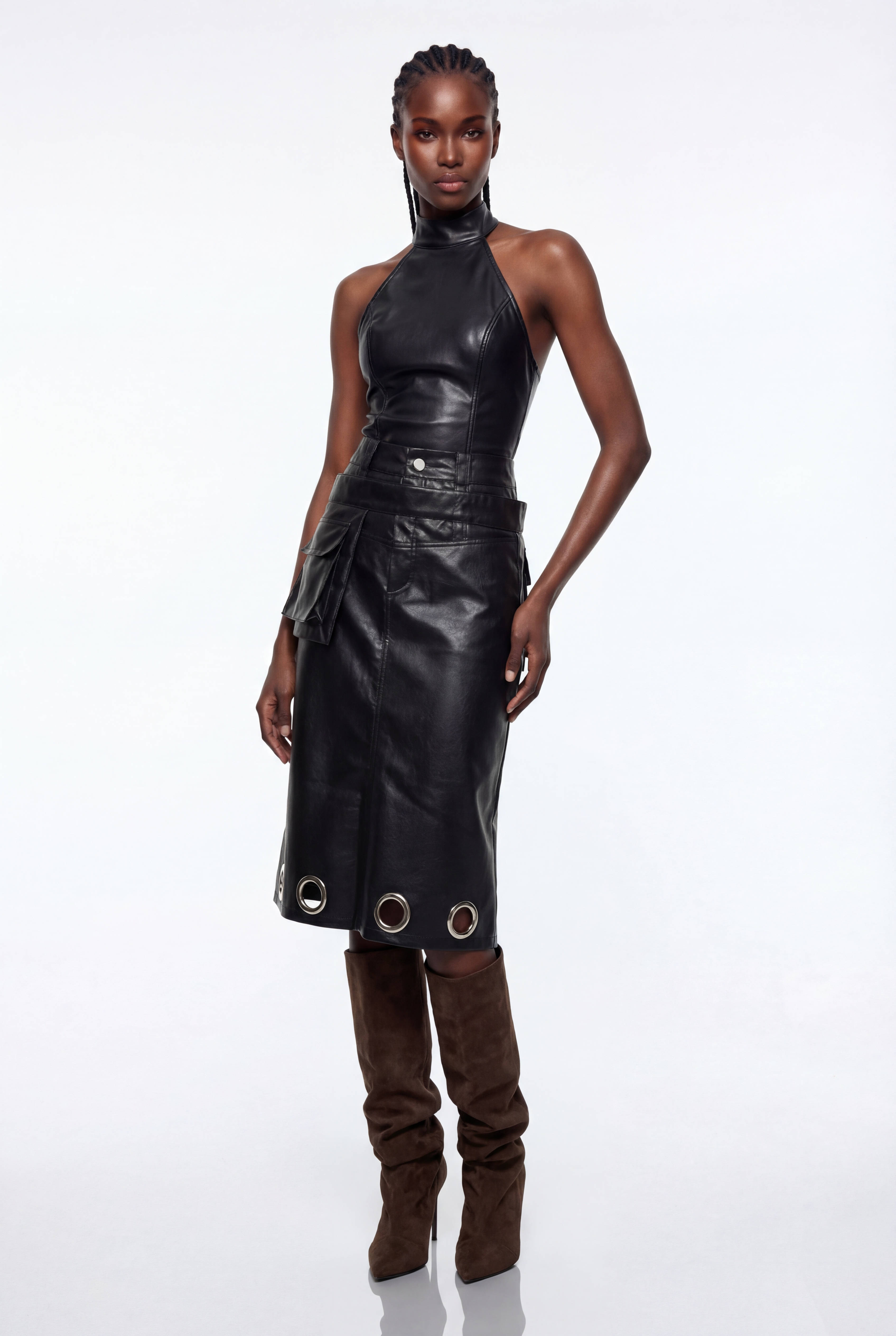 Epiphanius Eyelet Leather Midi Skirt