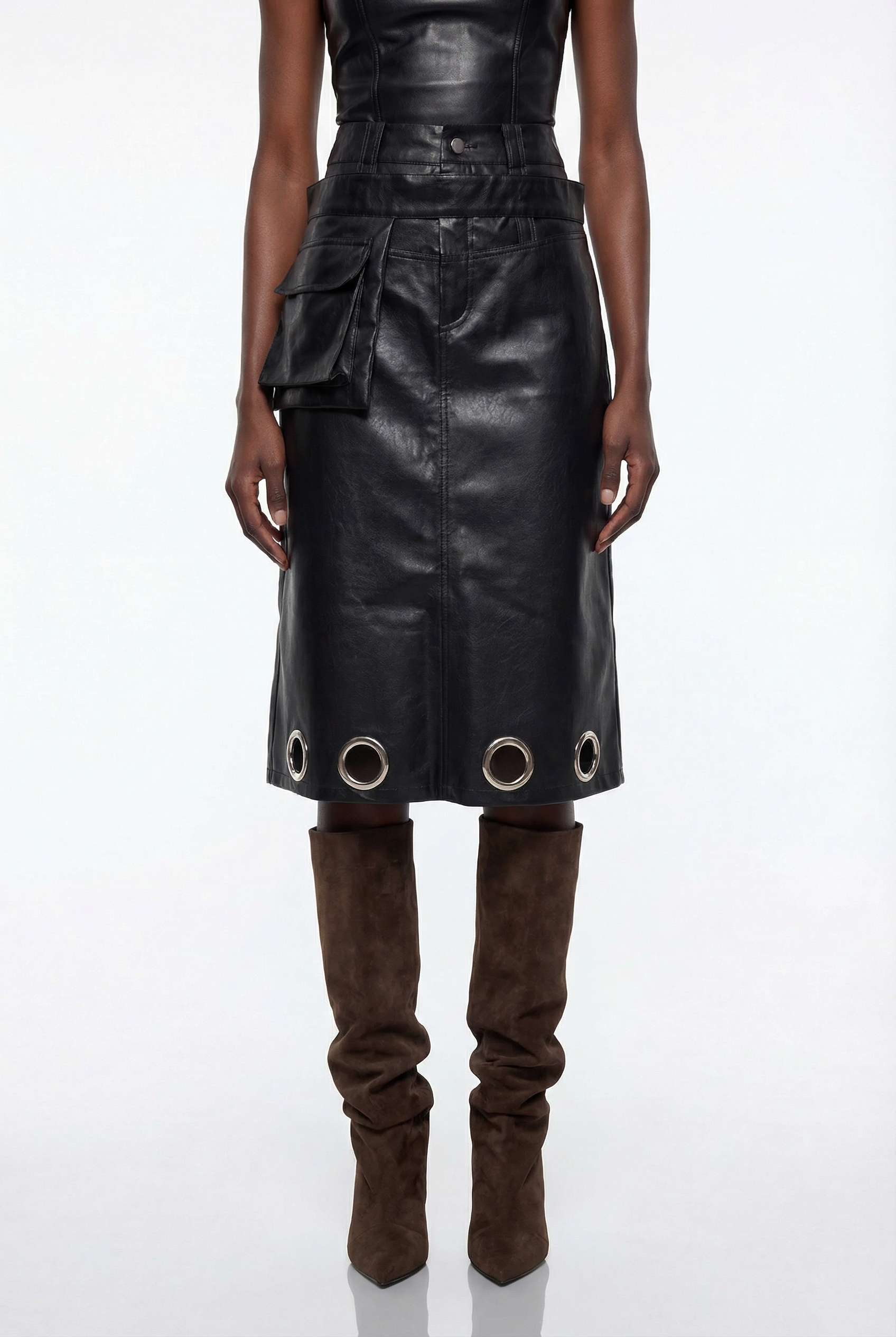 Epiphanius Eyelet Leather Midi Skirt