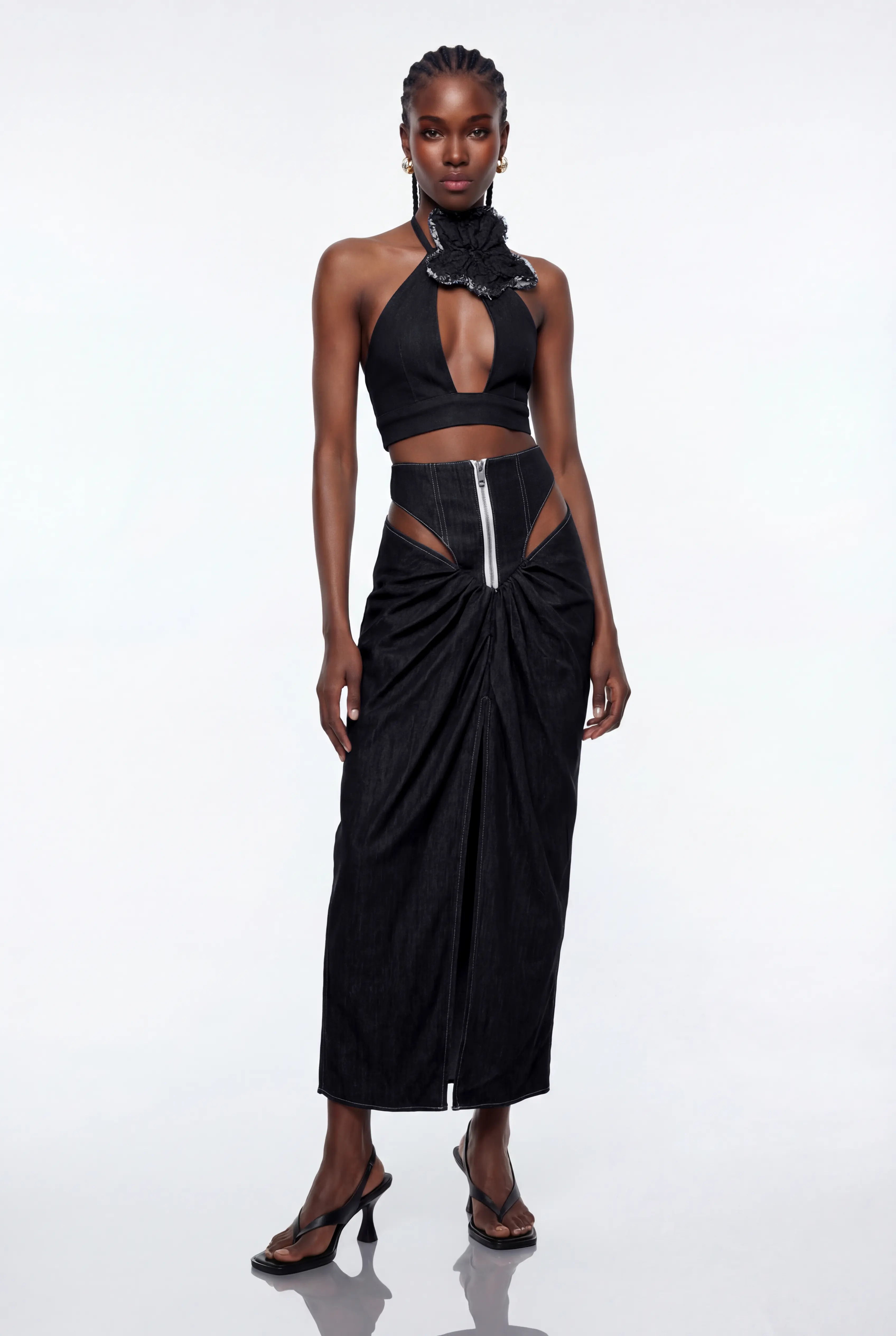 Eran Cutout Draped Denim Maxi Skirt