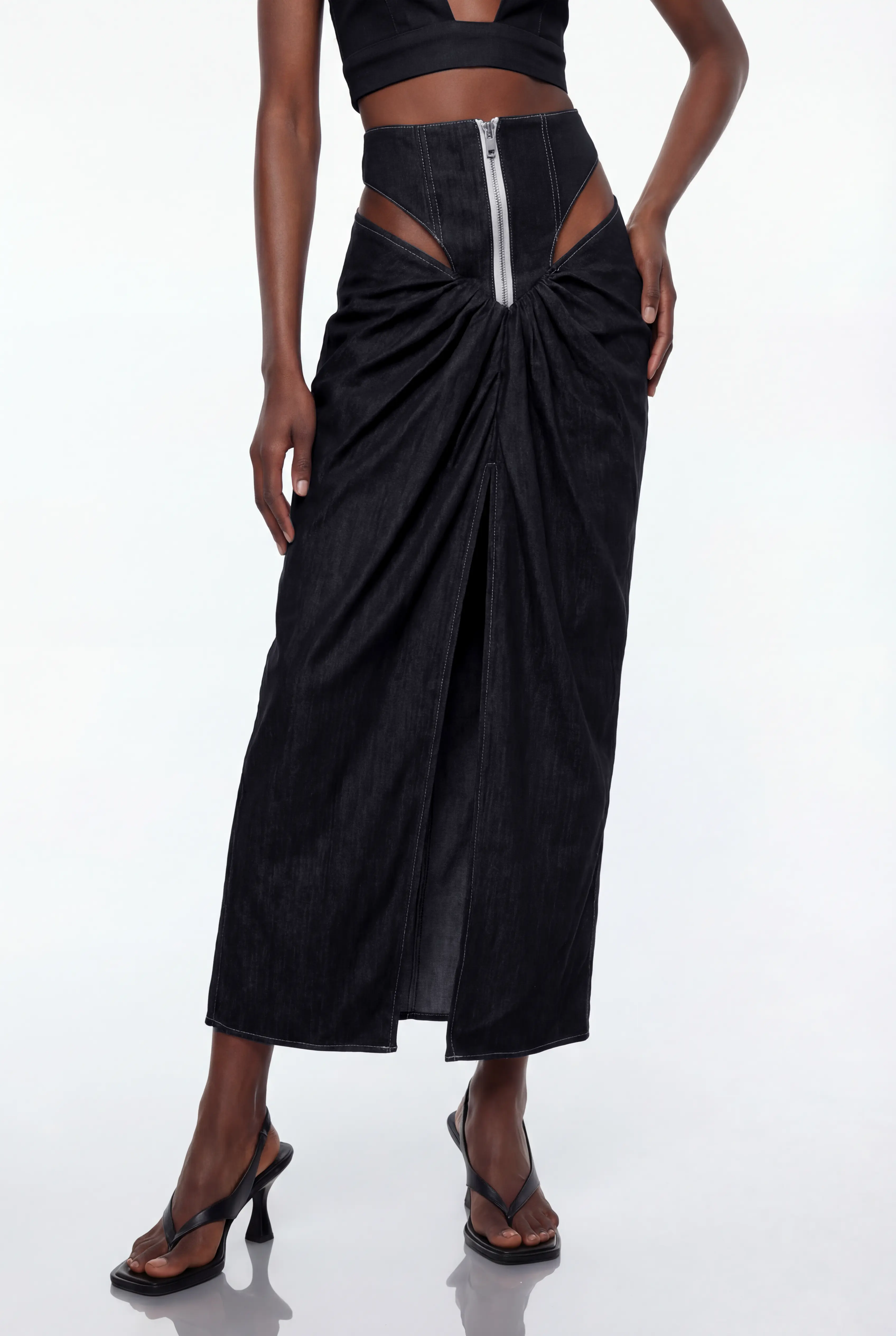 Eran Cutout Draped Denim Maxi Skirt