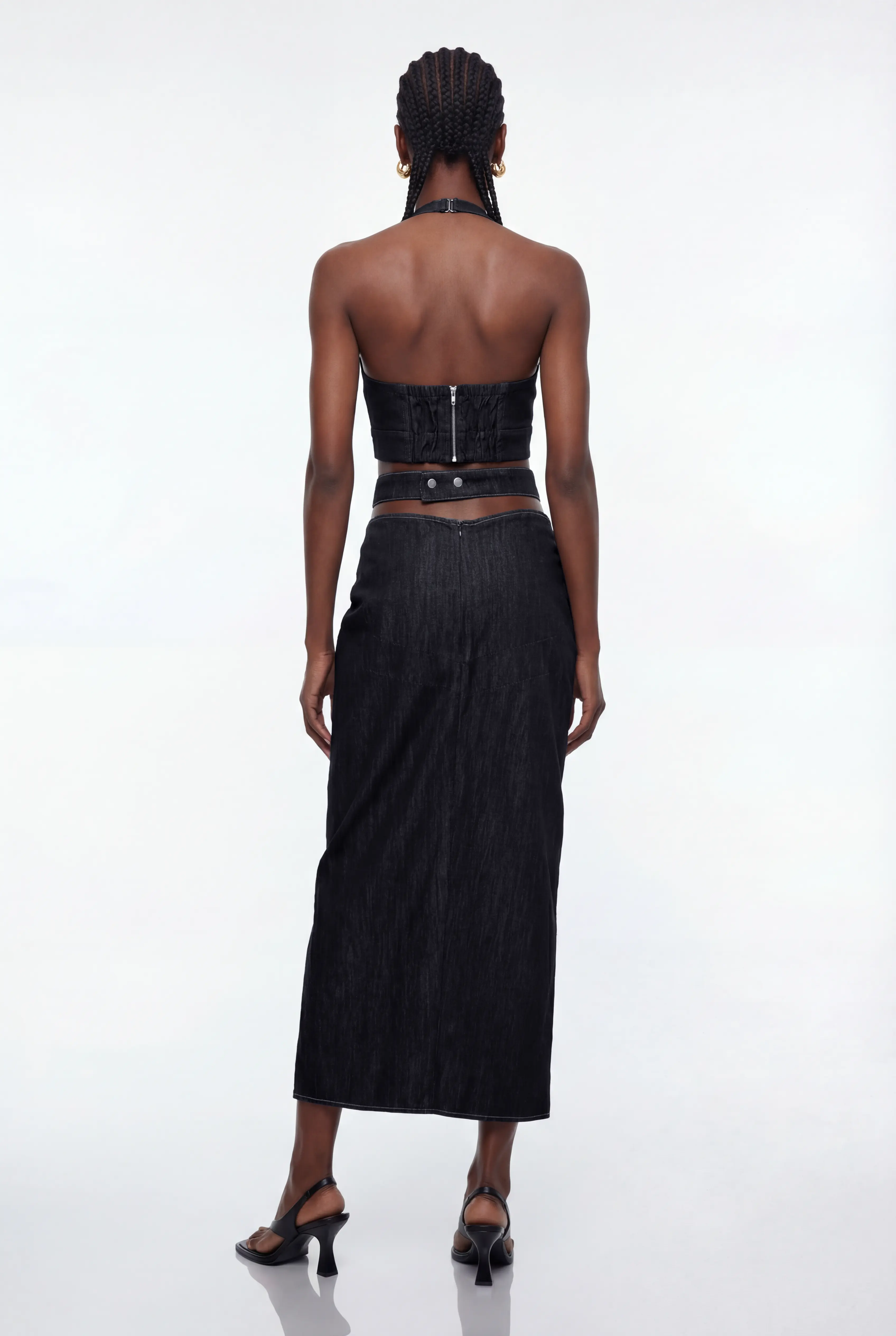 Eran Cutout Draped Denim Maxi Skirt