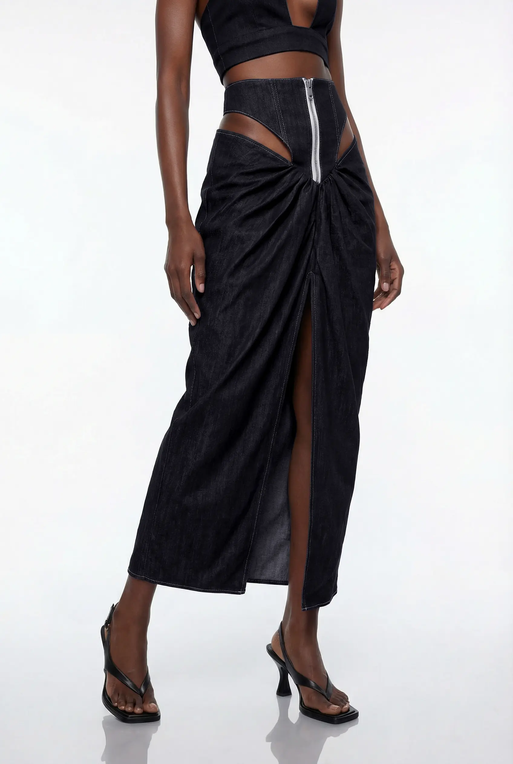 Eran Cutout Draped Denim Maxi Skirt