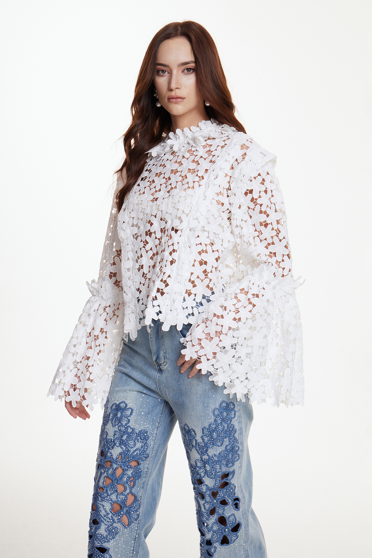 Erbol Flower Cutout Bell Sleeve Top