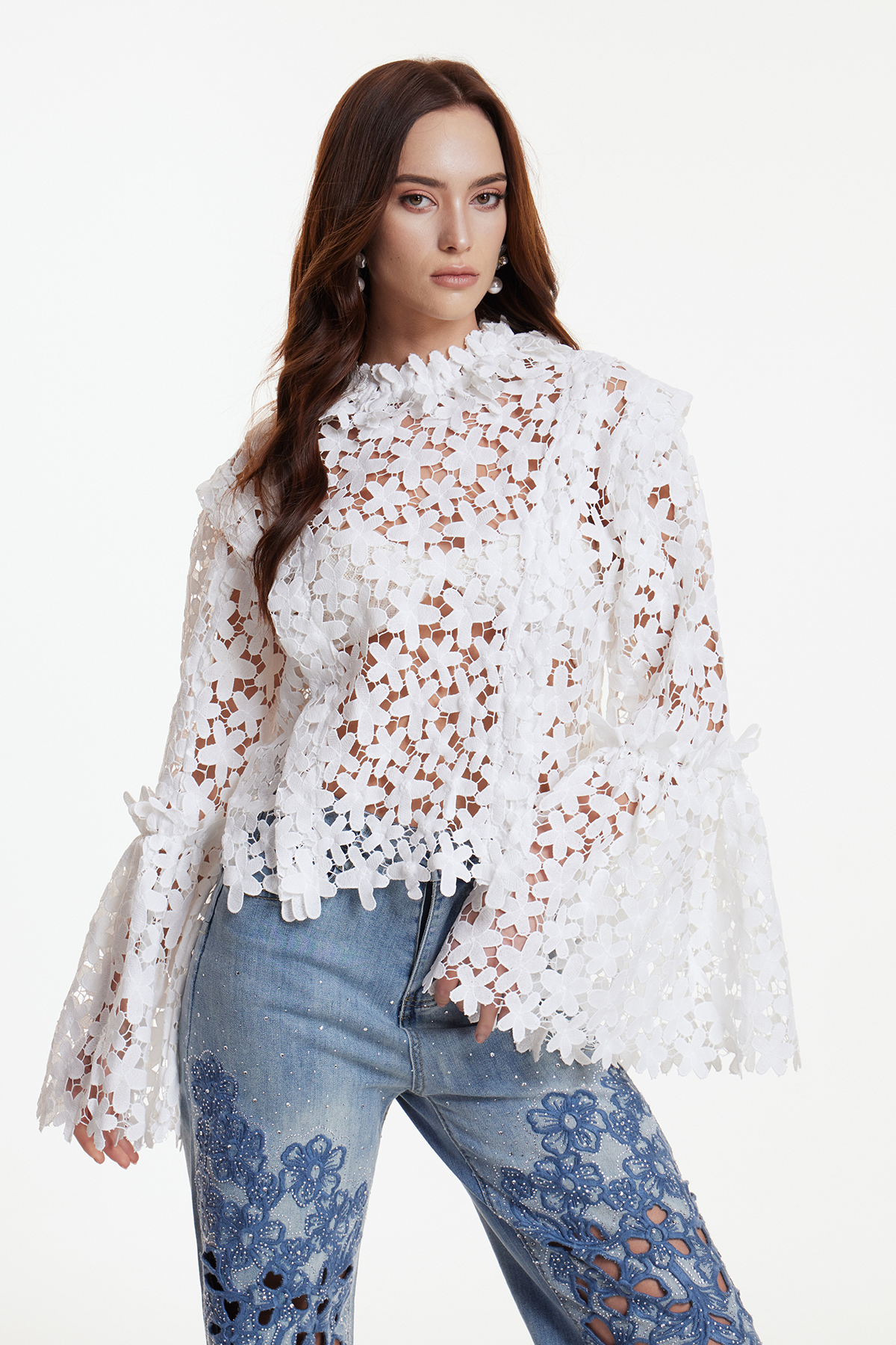 Erbol Flower Cutout Bell Sleeve Top