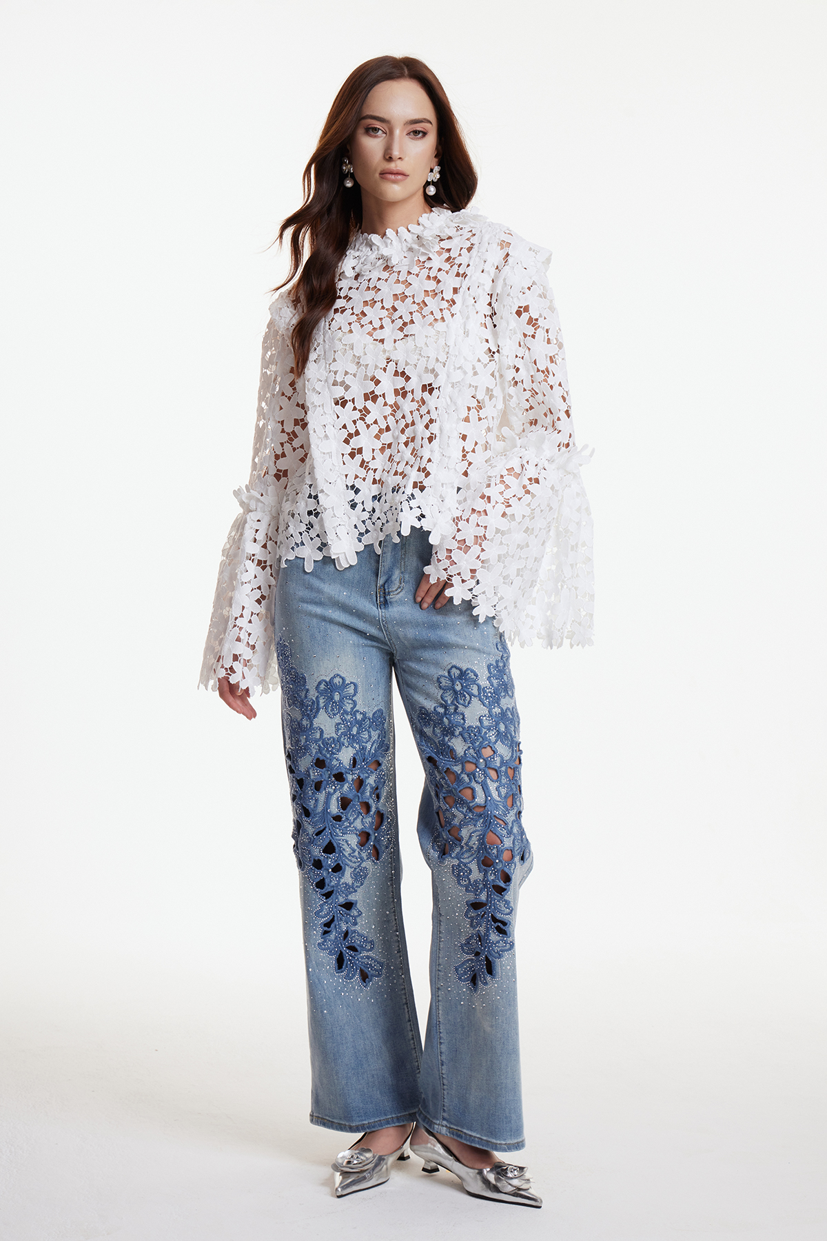 Erbol Flower Cutout Bell Sleeve Top