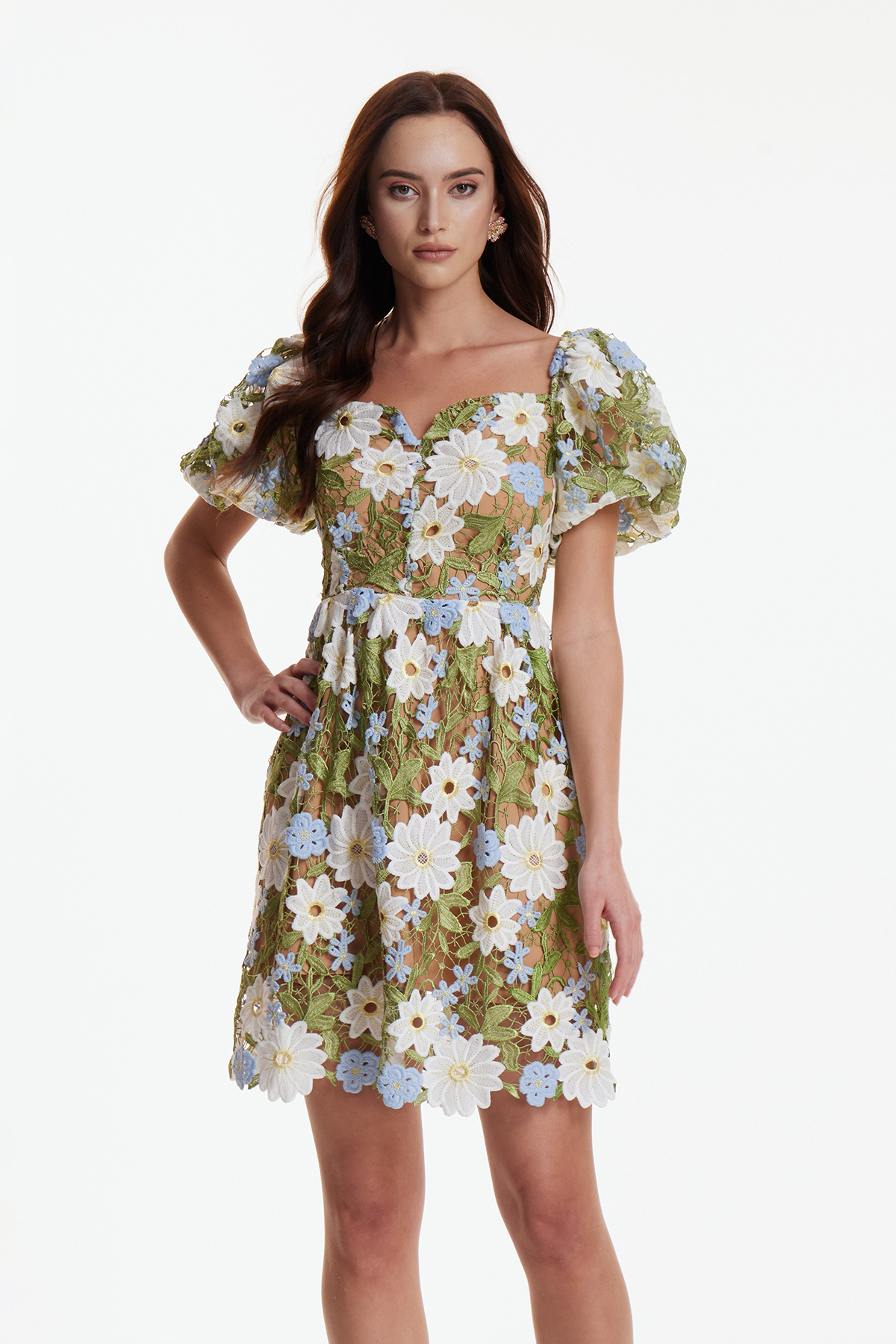 Erdenechimeg Puff Sleeve Flower Mini Dress