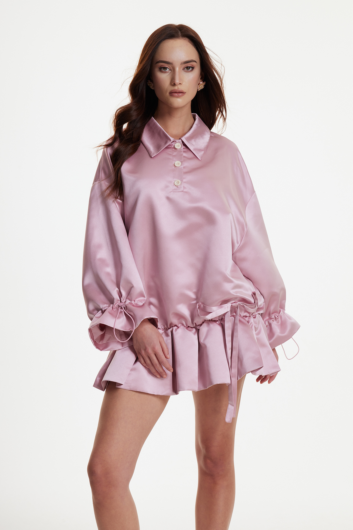Erea Ruffle Drawstring Satin Mini Dress