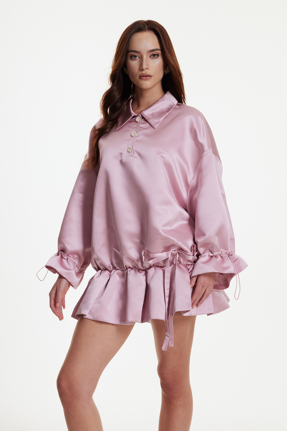 Erea Ruffle Drawstring Satin Mini Dress