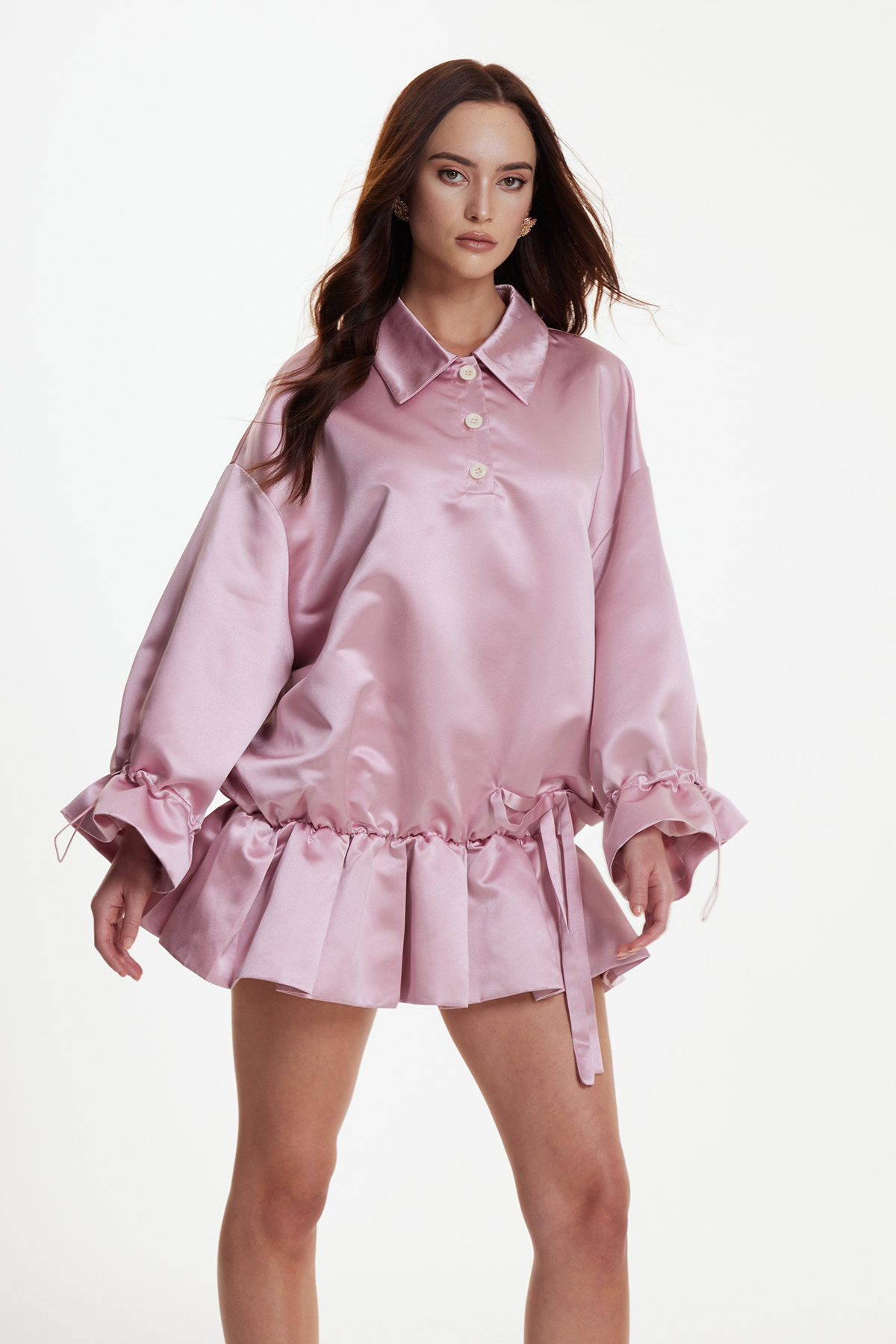 Erea Ruffle Drawstring Satin Mini Dress