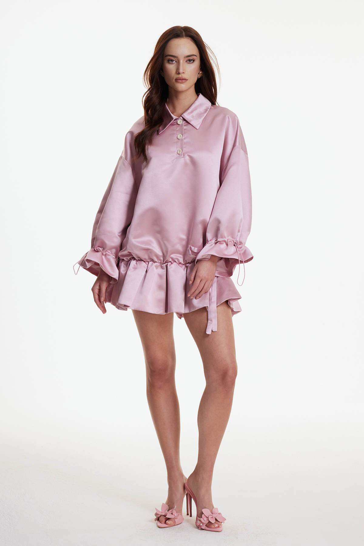 Erea Ruffle Drawstring Satin Mini Dress
