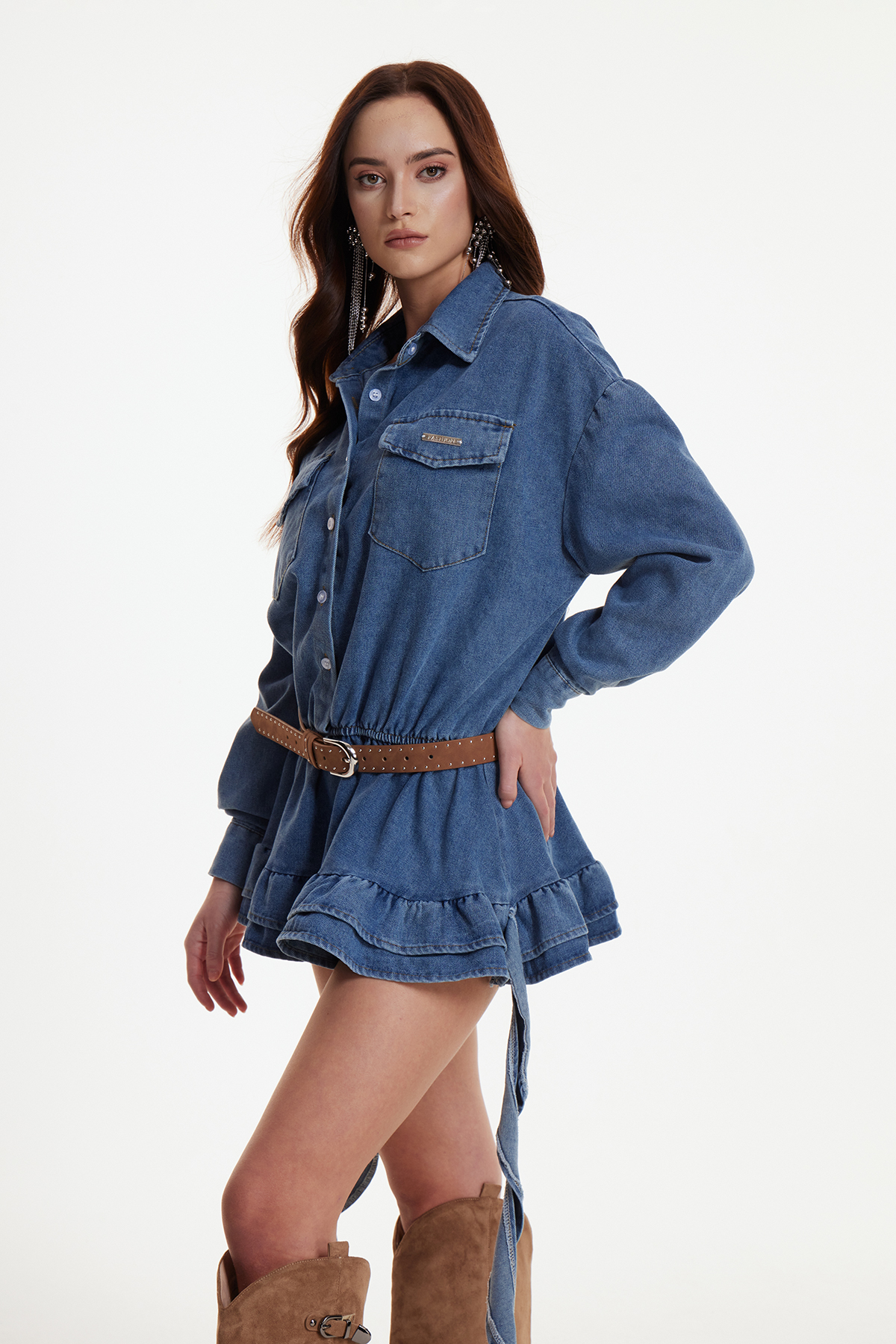 Erebus Fringe Denim Mini Shirt Dress
