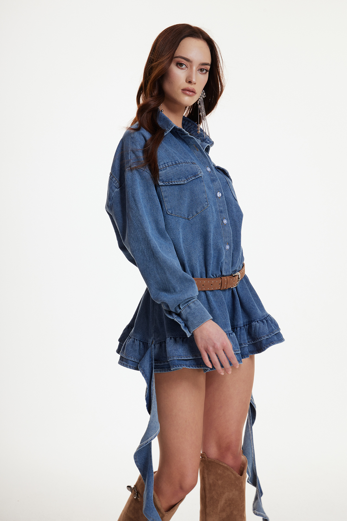 Erebus Fringe Denim Mini Shirt Dress