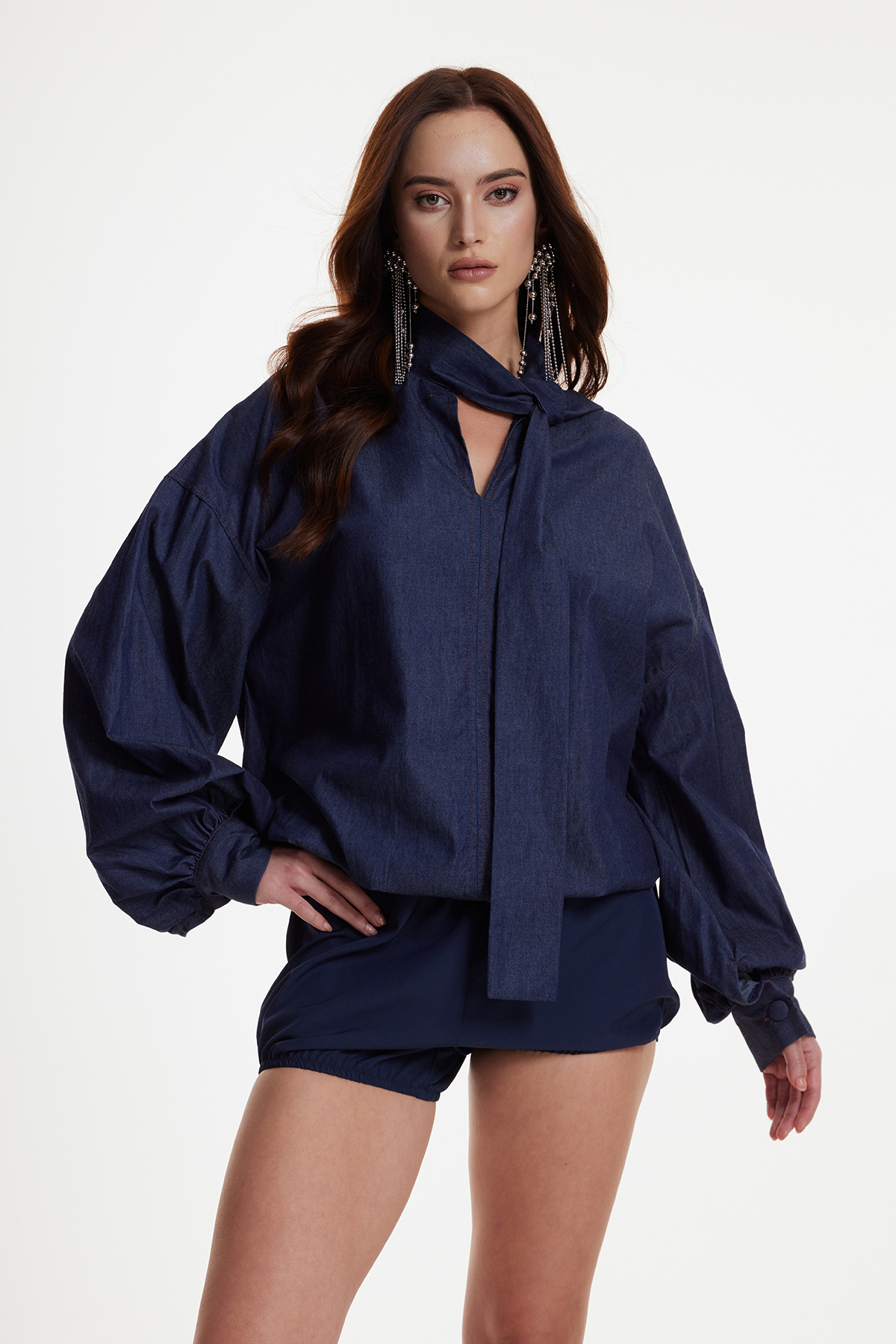 Erekle Balloon Sleeve Tie Up Bubble Pants Set