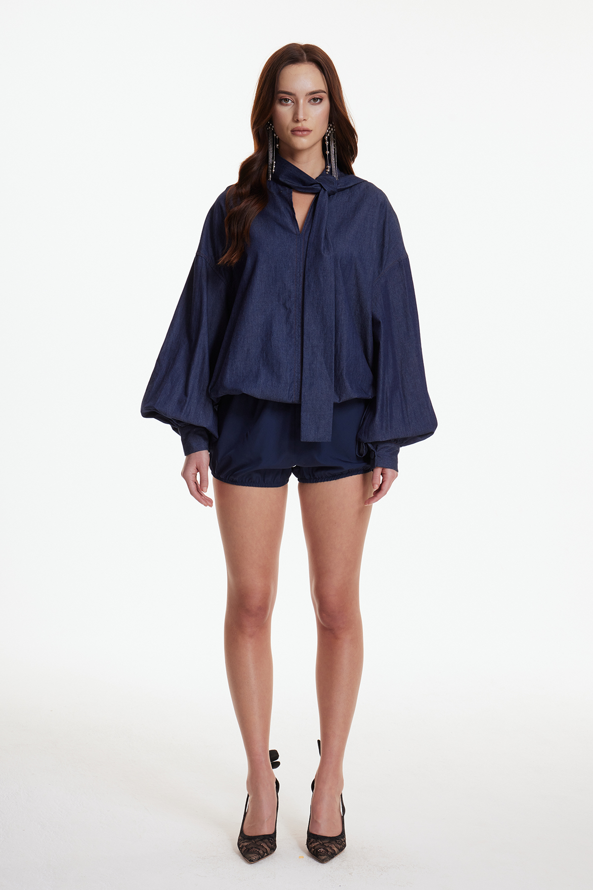 Erekle Balloon Sleeve Tie Up Bubble Pants Set