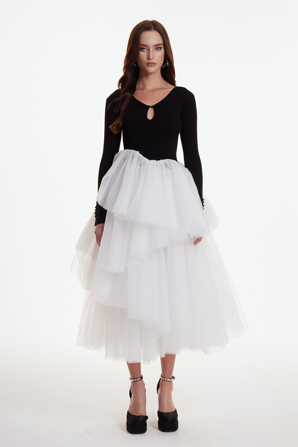 Ergesh Asymmetric Mesh Bubble Midi Dress