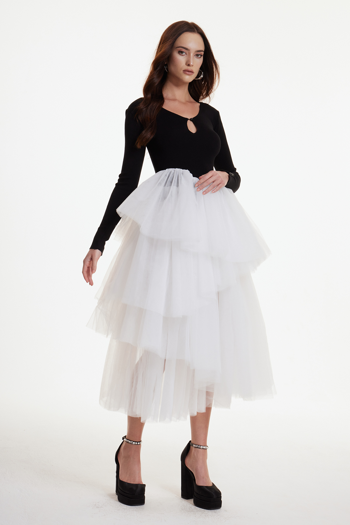 Ergesh Asymmetric Mesh Bubble Midi Dress