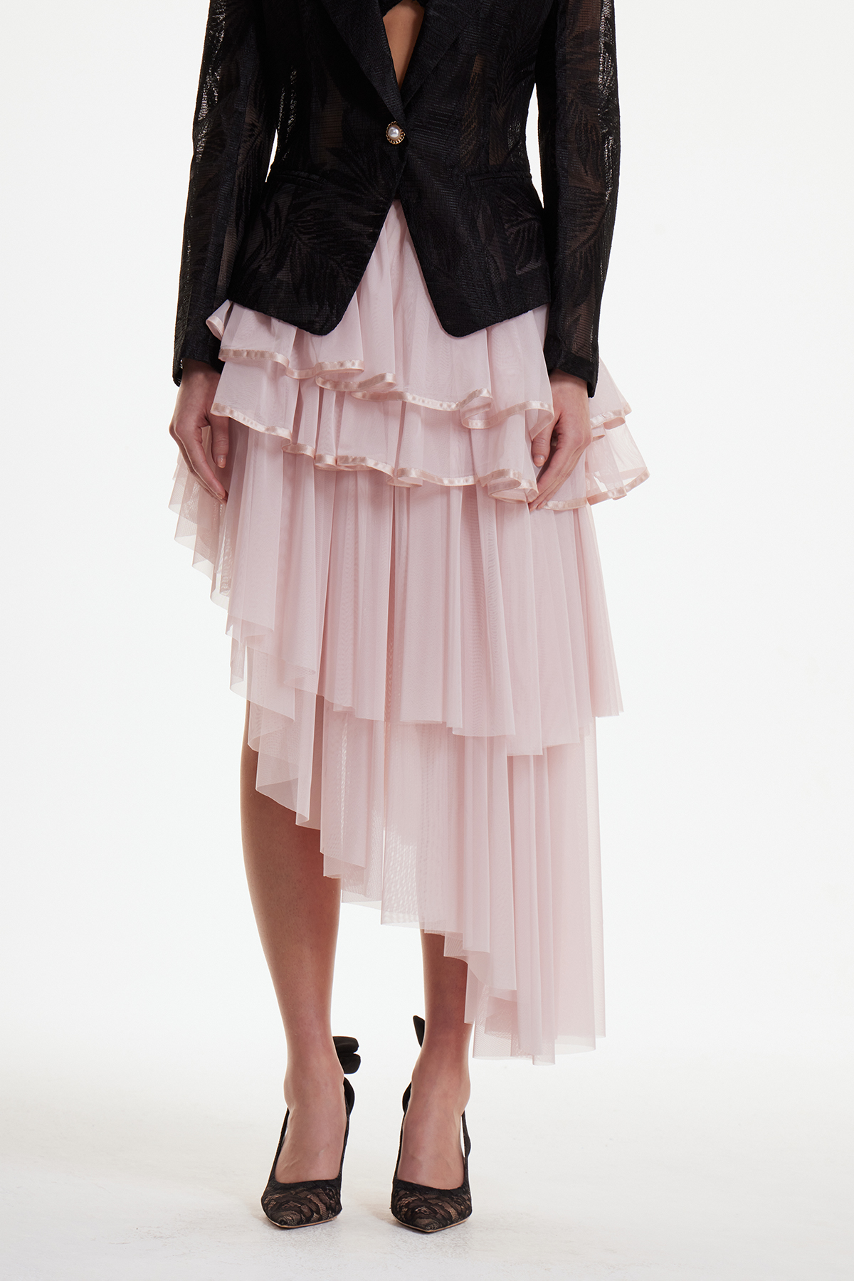 Erhan Asymmetric Mesh Tiered Maxi Skirt