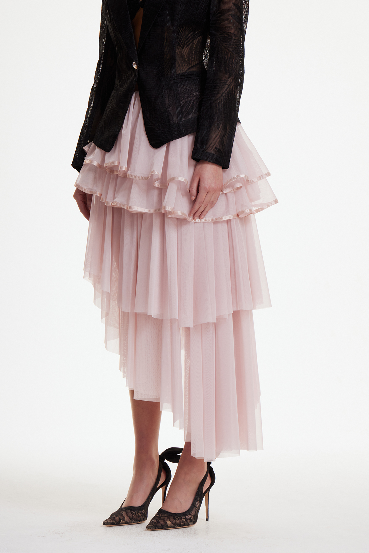 Erhan Asymmetric Mesh Tiered Maxi Skirt