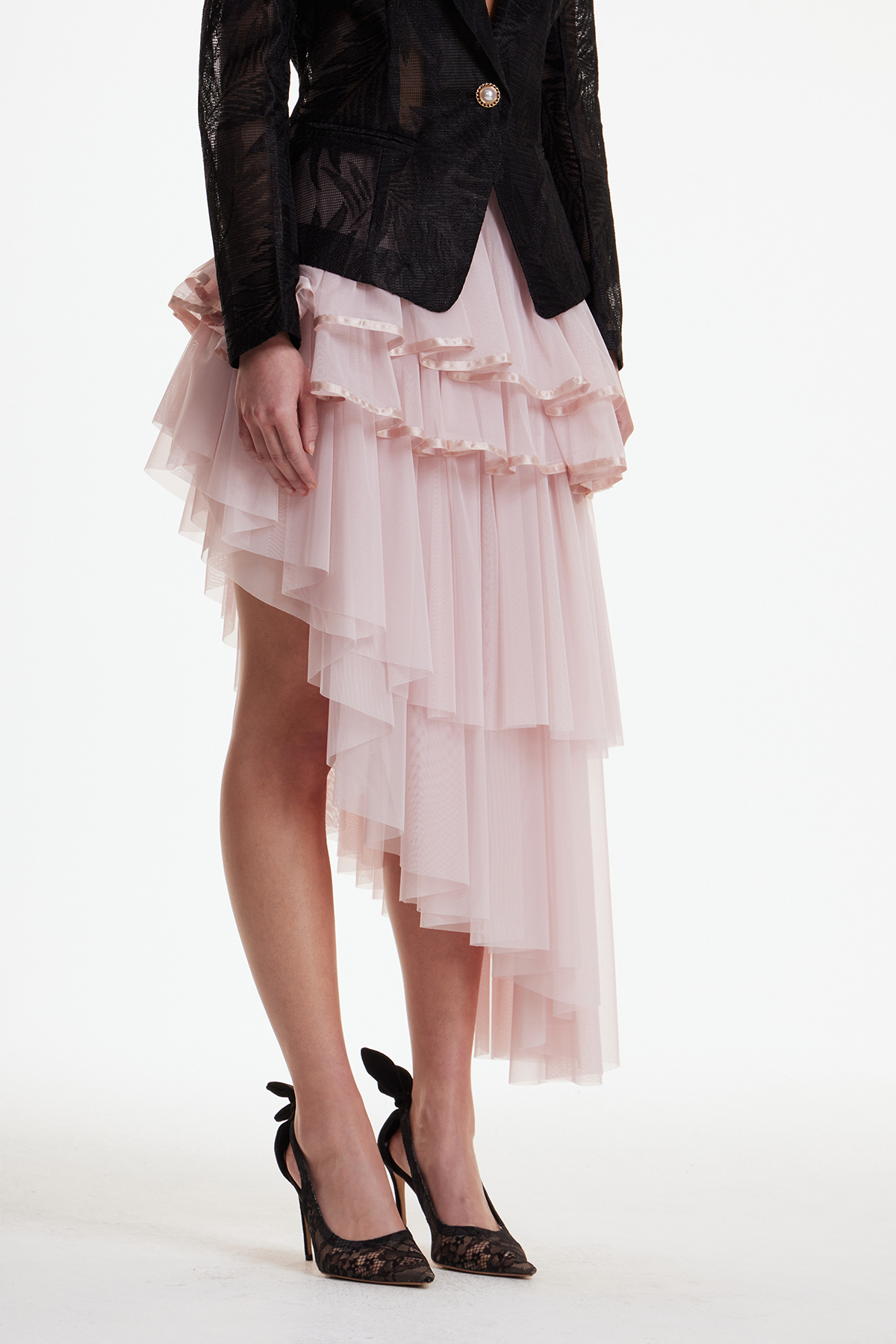 Erhan Asymmetric Mesh Tiered Maxi Skirt