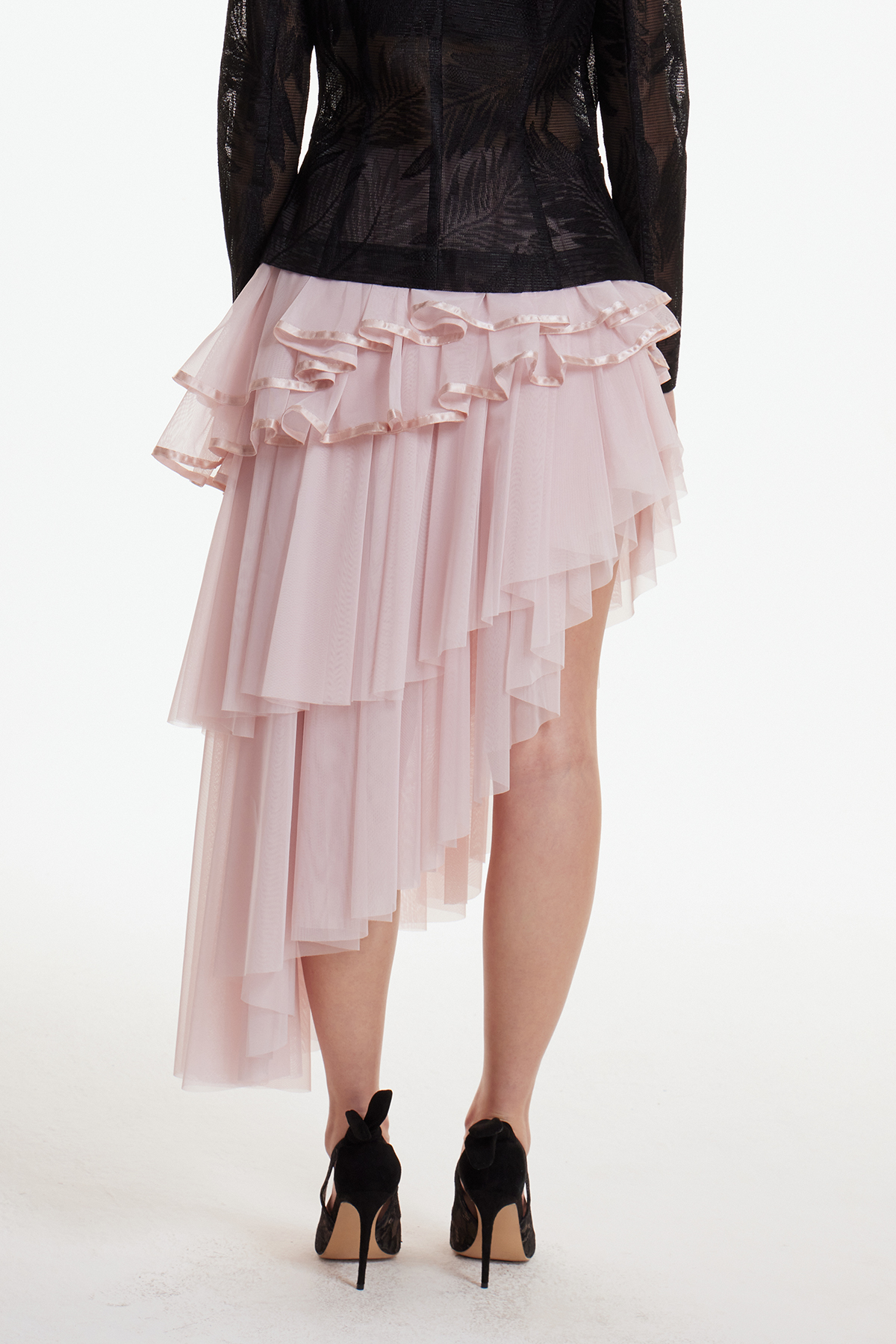 Erhan Asymmetric Mesh Tiered Maxi Skirt