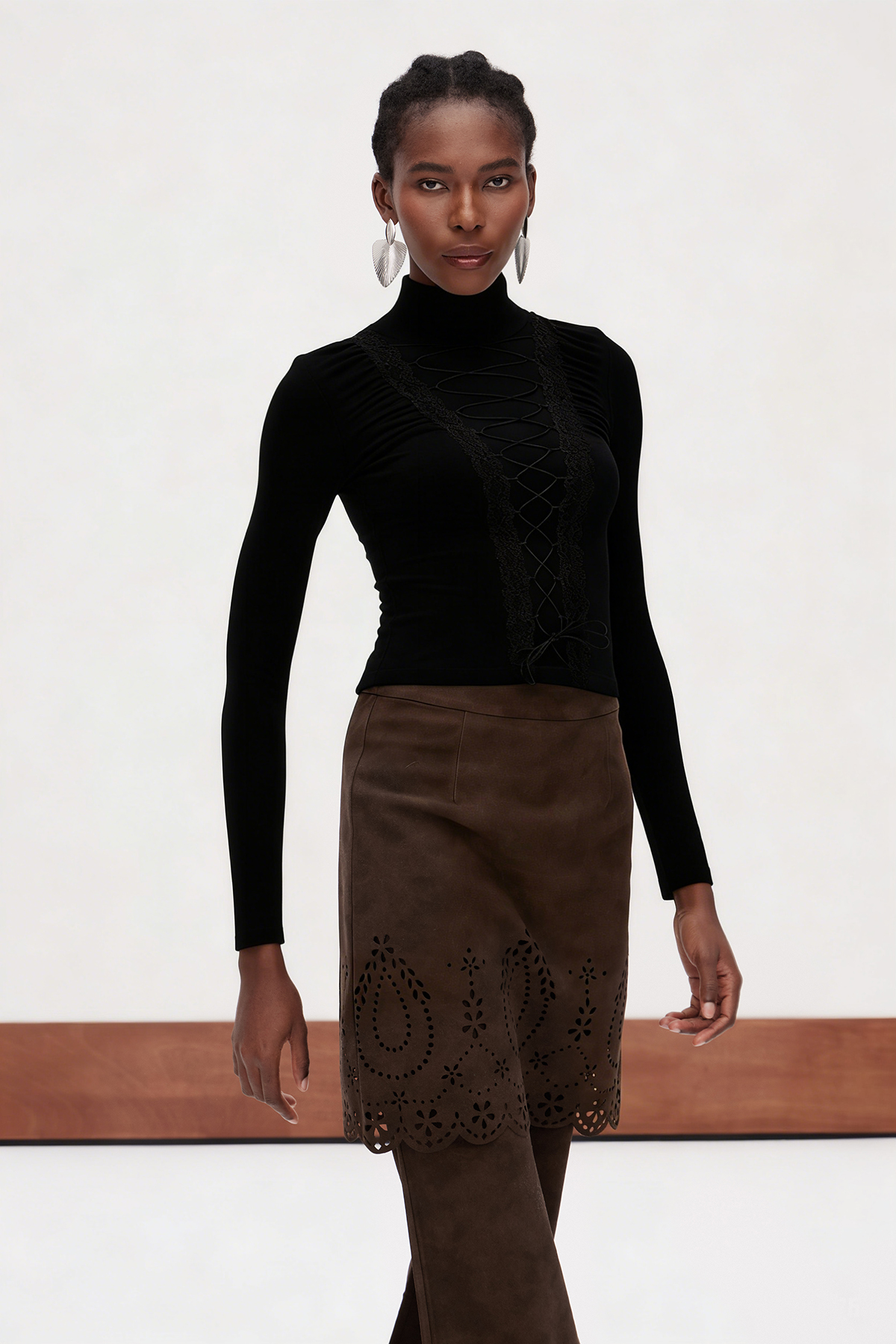 Ericka Lace Up High Neck Top In Black