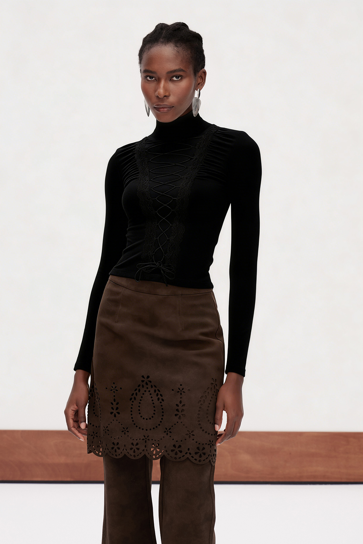 Ericka Lace Up High Neck Top In Black