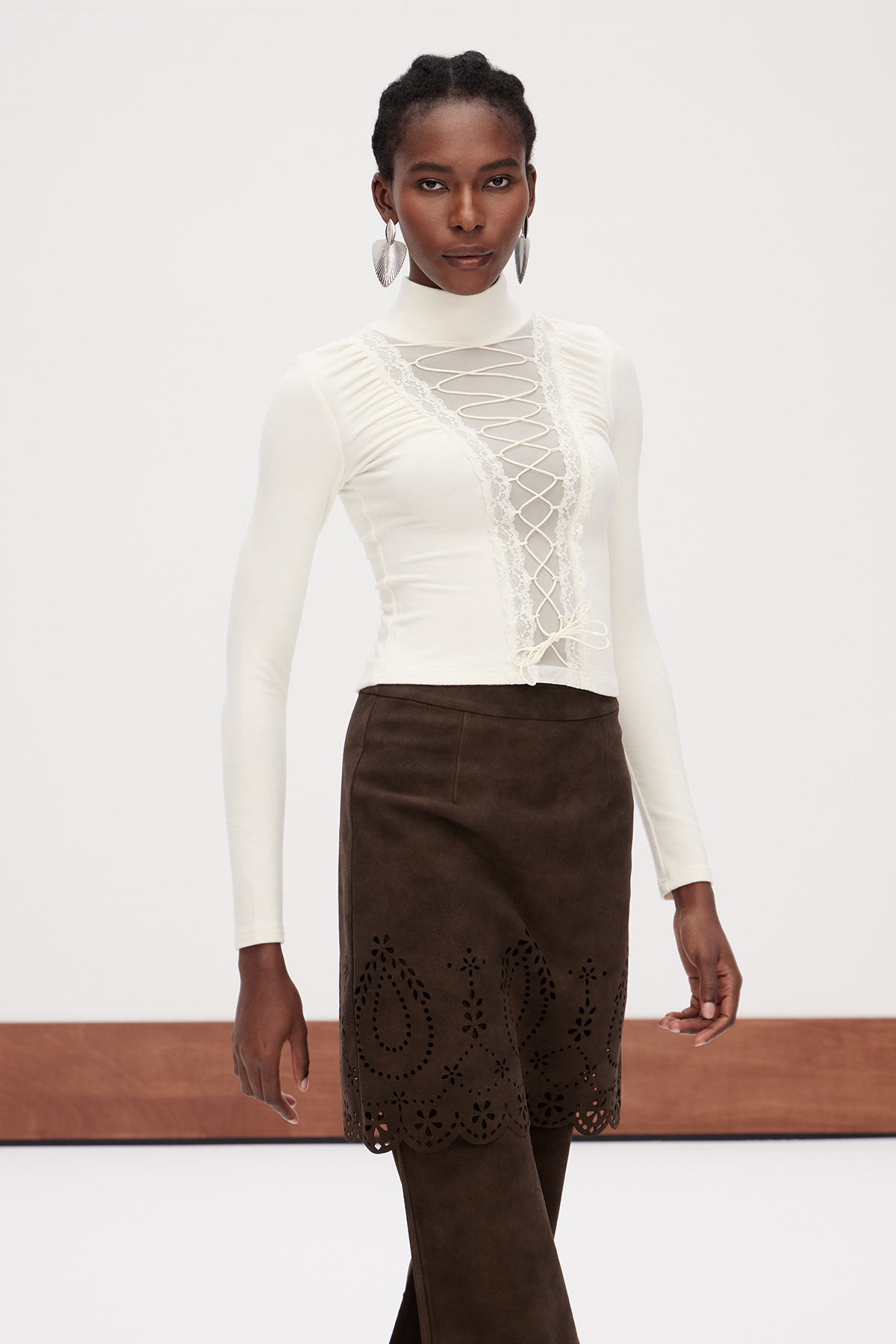 Ericka Lace Up High Neck Top In White