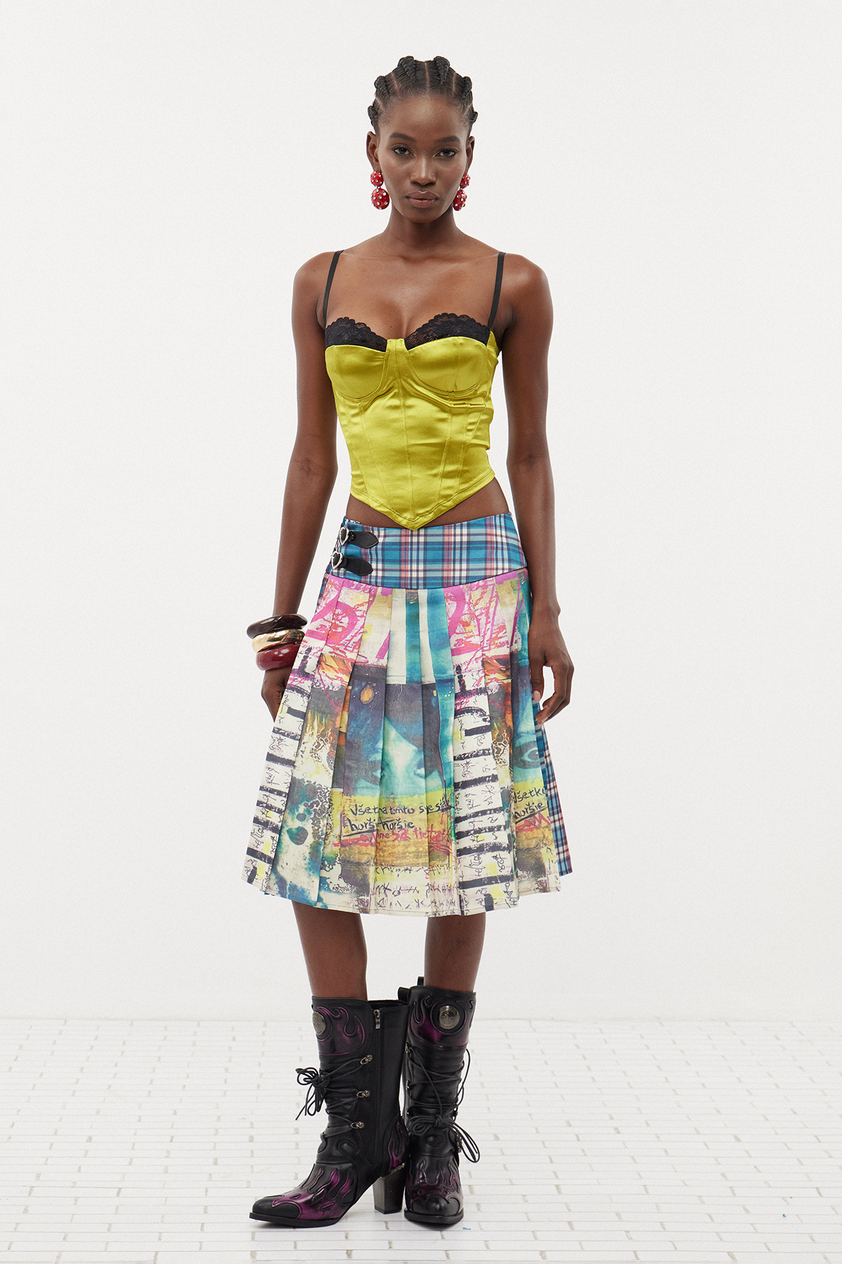 Ermanno Print Plaid Pleated Midi Skirt