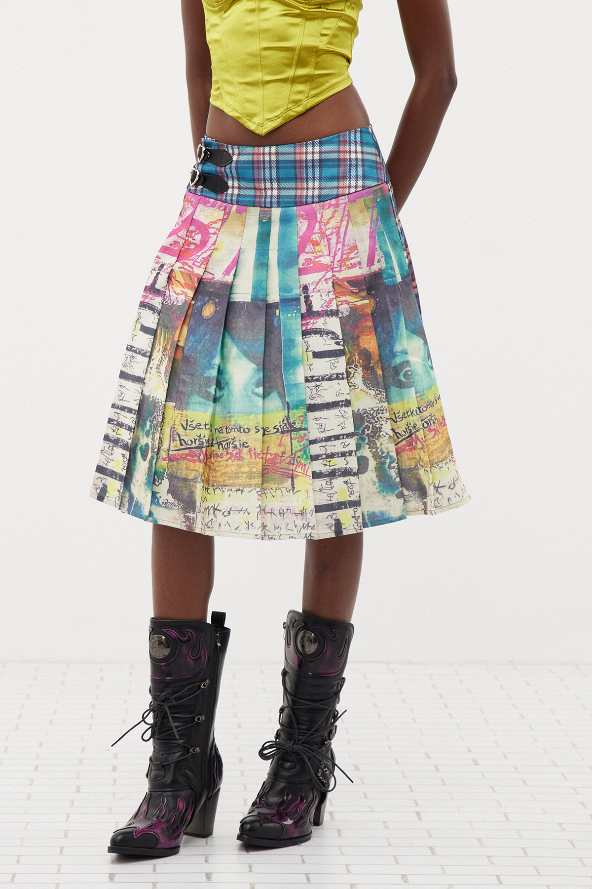 Ermanno Print Plaid Pleated Midi Skirt