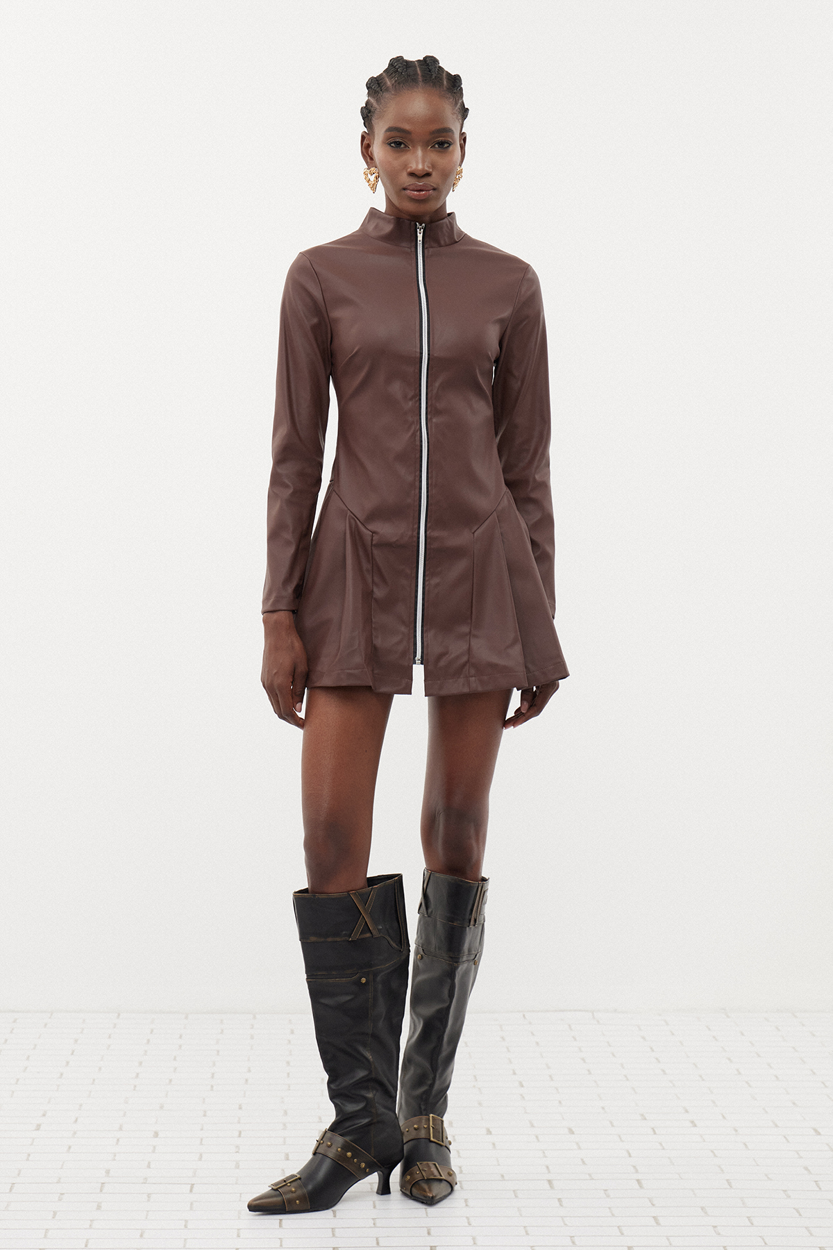 Erminlinda Leather Pleated Mini Dress