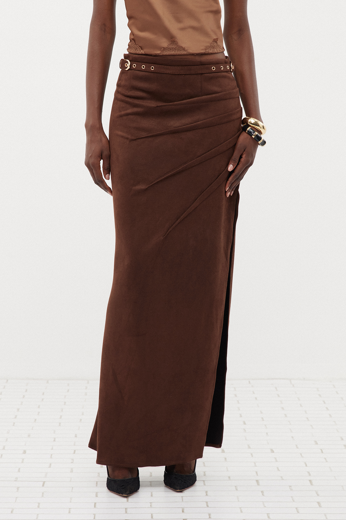Ermintrude Suede Asymmetric Maxi Skirt